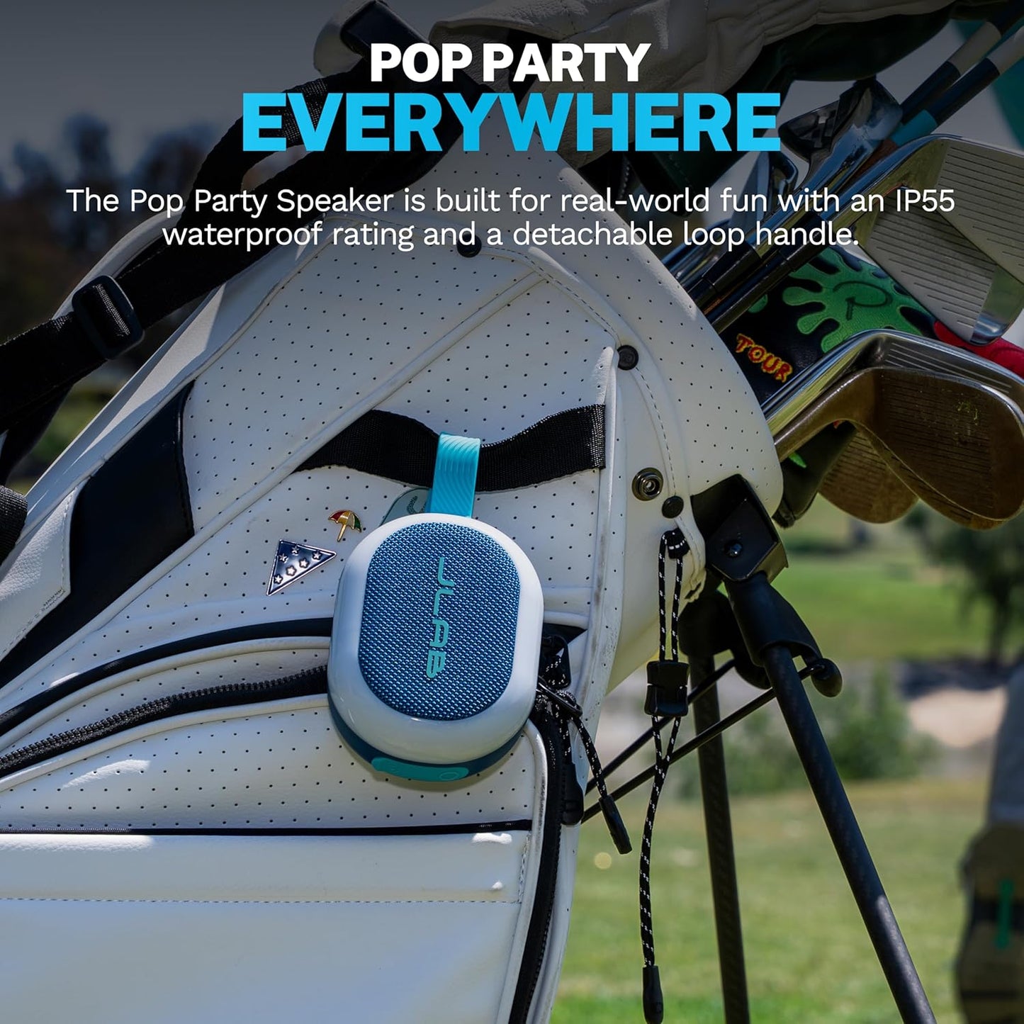 JLab 8+ IP55 100 Pop Party Portable Bluetooth Speaker, Navy, Hours of Playtime, Waterproofing, Detachable Loop Handle