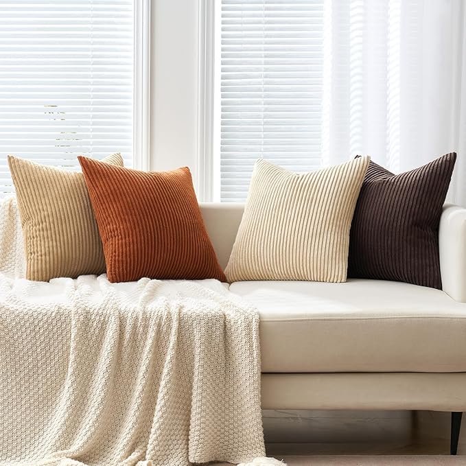 MIULEE Boho Farmhouse Throw Pillow Covers 20x20 Inch Set of 4 Rustic Mordern Neutral Cushion Covers Soft Corduroy Nordic Home Decor for Couch Bed Sofa Living Room Chocolate Brown/Rust