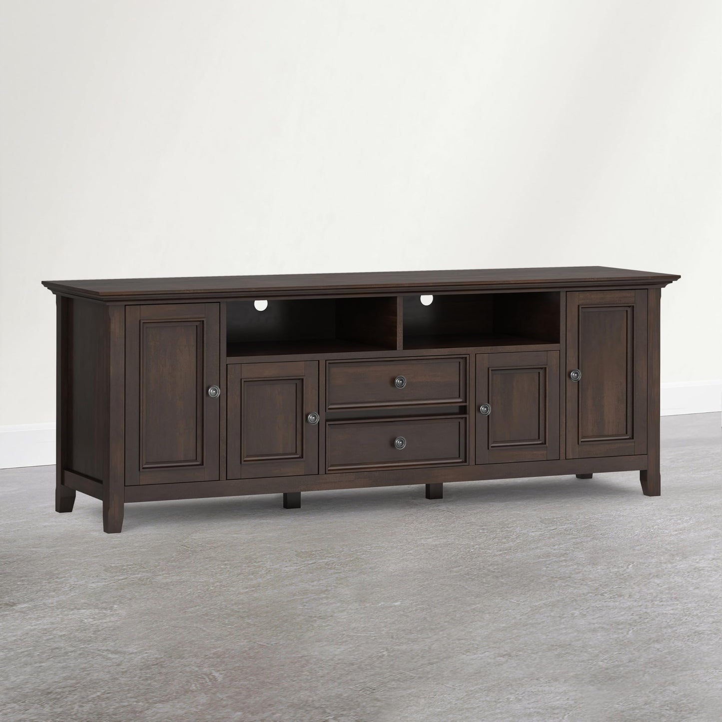 SIMPLIHOME Amherst TV Stand - 72 inch Wide Solid Wood Media Console in Mocha Brown, Transitional Entertainment Center for Living Room for TVs up to 80 Inches with Shelves and Cable Management