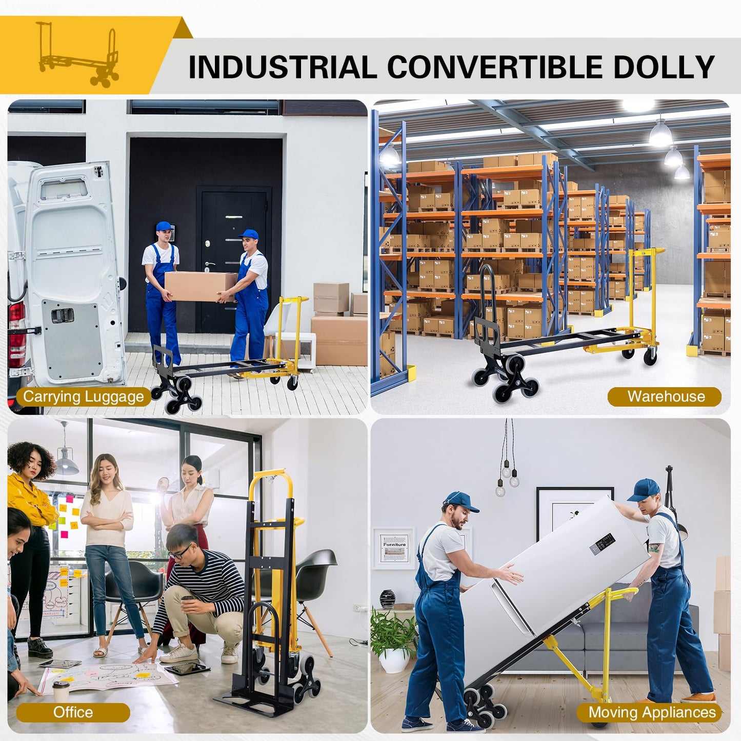 Southhelp 1000 LBS Industrial Convertible Hand Truck,3 in 1 Stair Climbing Dolly Cart,Stair Dolly Climber Heavy Duty with Solid Wheels for Moving,Transport in Warehouse,Office(Yellow)