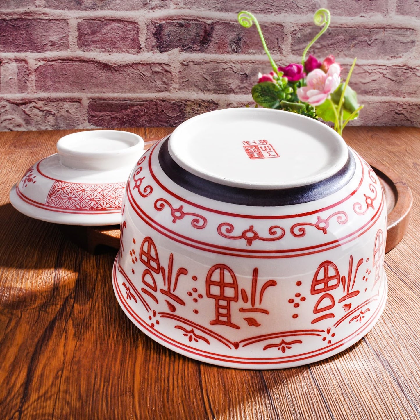 BOSILI Ceramic Ramen Bowl with Lid, 6.4 Inch 26 oz Red and White Porcelain Ramen Bowl with Chinese Fu Character Pattern, Traditional Asian Serving Bowl for Soup, Rice, Noodles