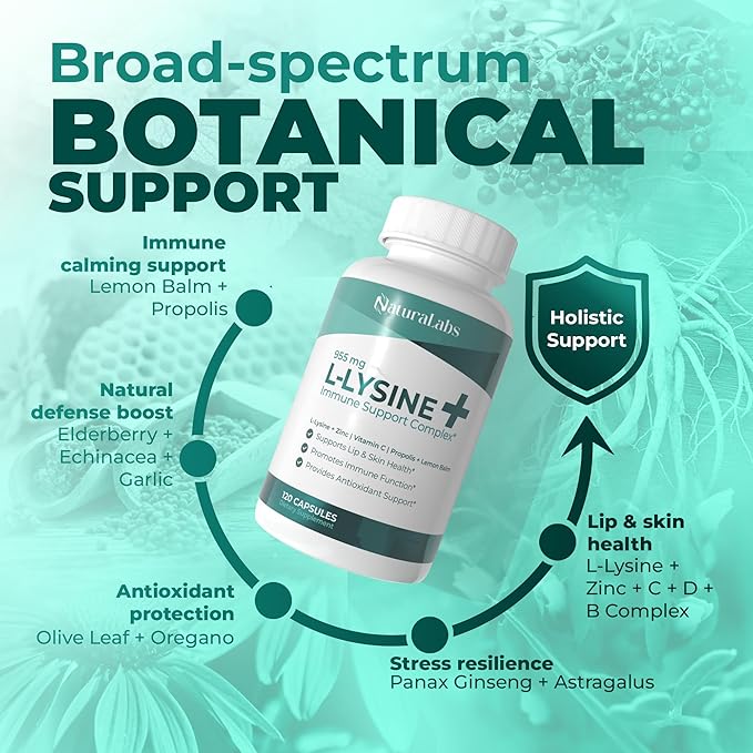 L-Lysine + Cold Sore Immune Support Supplement – with Vitamin C, Zinc, Bee Propolis, Lemon Balm & 9-in-1 Herbal Complex – Promotes Lip & Skin Health – Antioxidant Immune Formula – 120 Ct