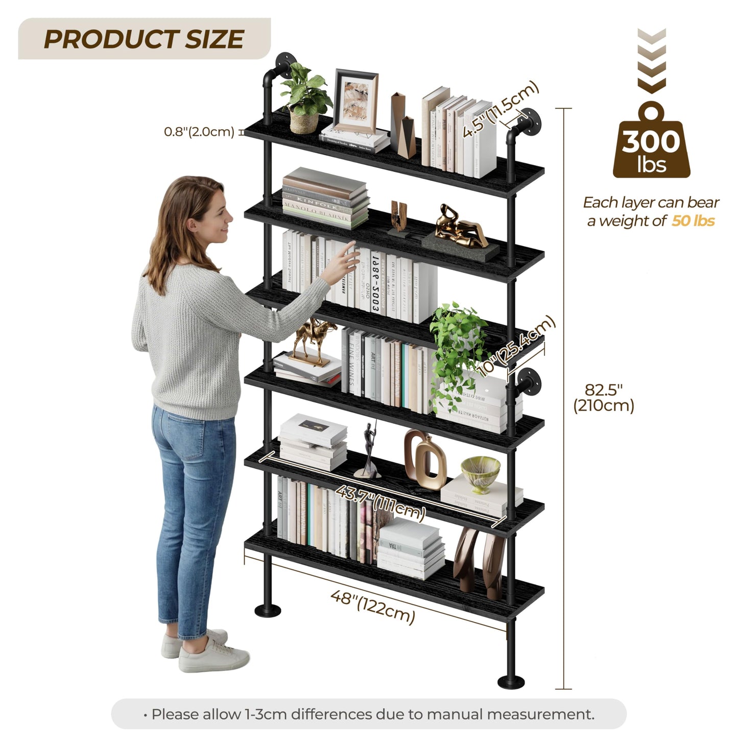 Anynice 6 Tier Industrial Ladder Shelf Bookcase, Wall Mounted Rustic Bookshelf for Living Room Decor and Storage (Black, 6 Tier - 10" D x 48" W x 82.5" H)