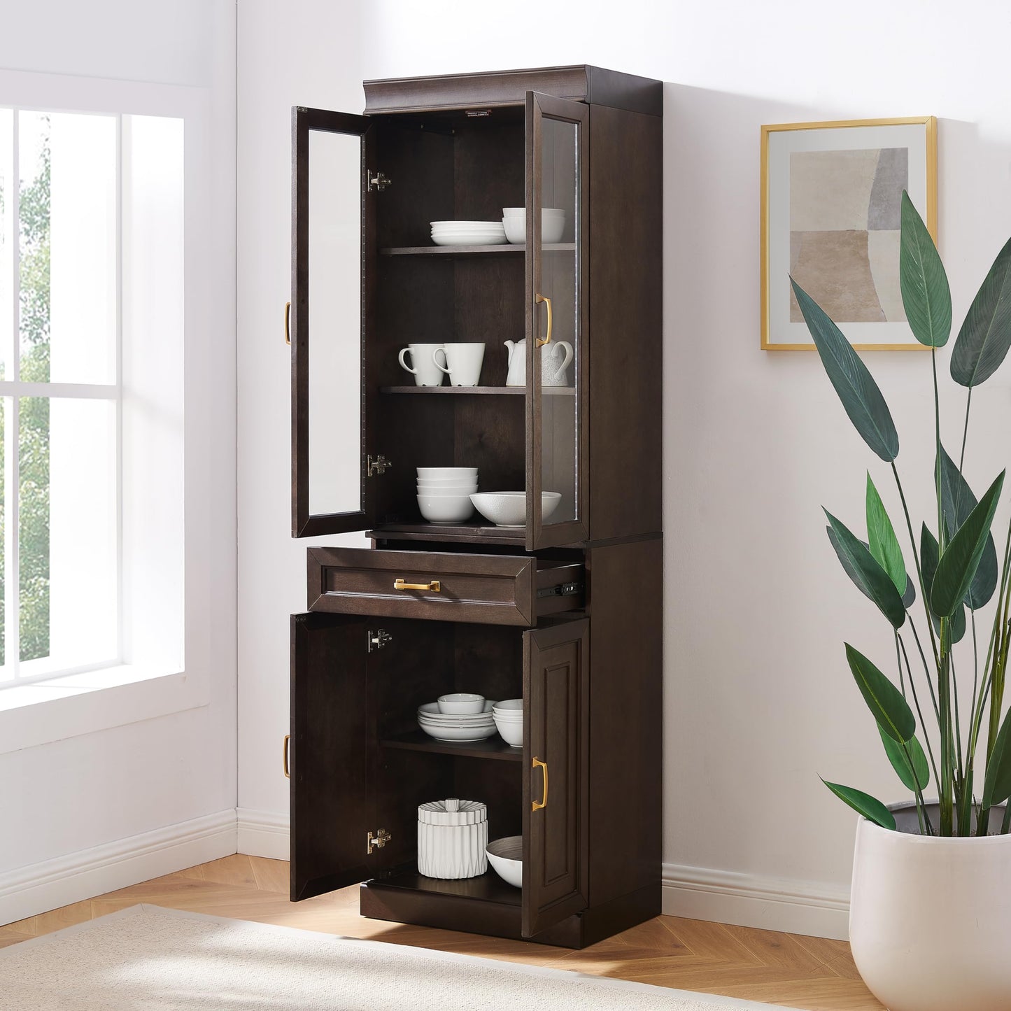 Crosley Furniture Stanton Glass Door Pantry Storage Cabinet with Shelves, Kitchen, Dining, or Laundry Room, Coffee