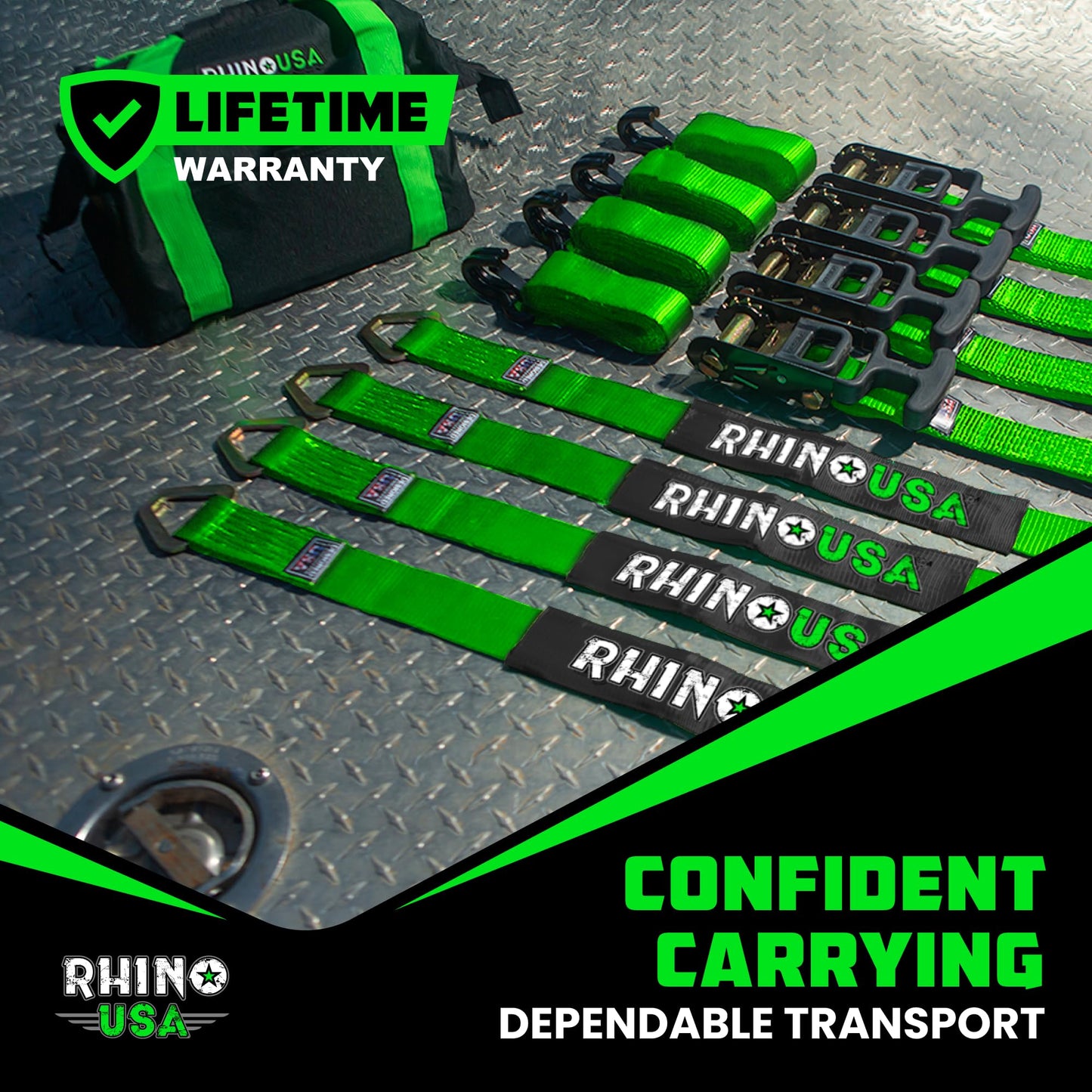 Rhino USA Car Tie Down Straps for Trailers with J Hooks (4-Pack) – 2" x8' (10,000lb Break Strength) – Heavy Duty Car Hauler Tire Straps with Axle Straps for UTV, Powersports & More – Green
