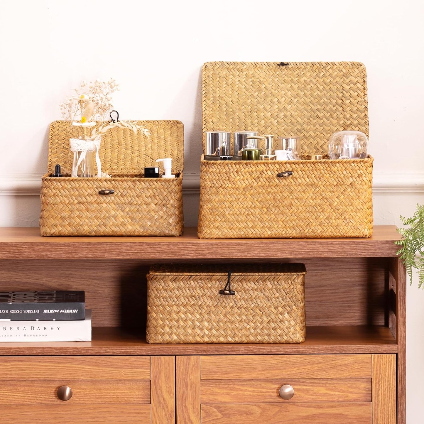 Nonam Storage Basket Set of 3 - Natural Seagrass Bins with Lids for Boho Home Organization
