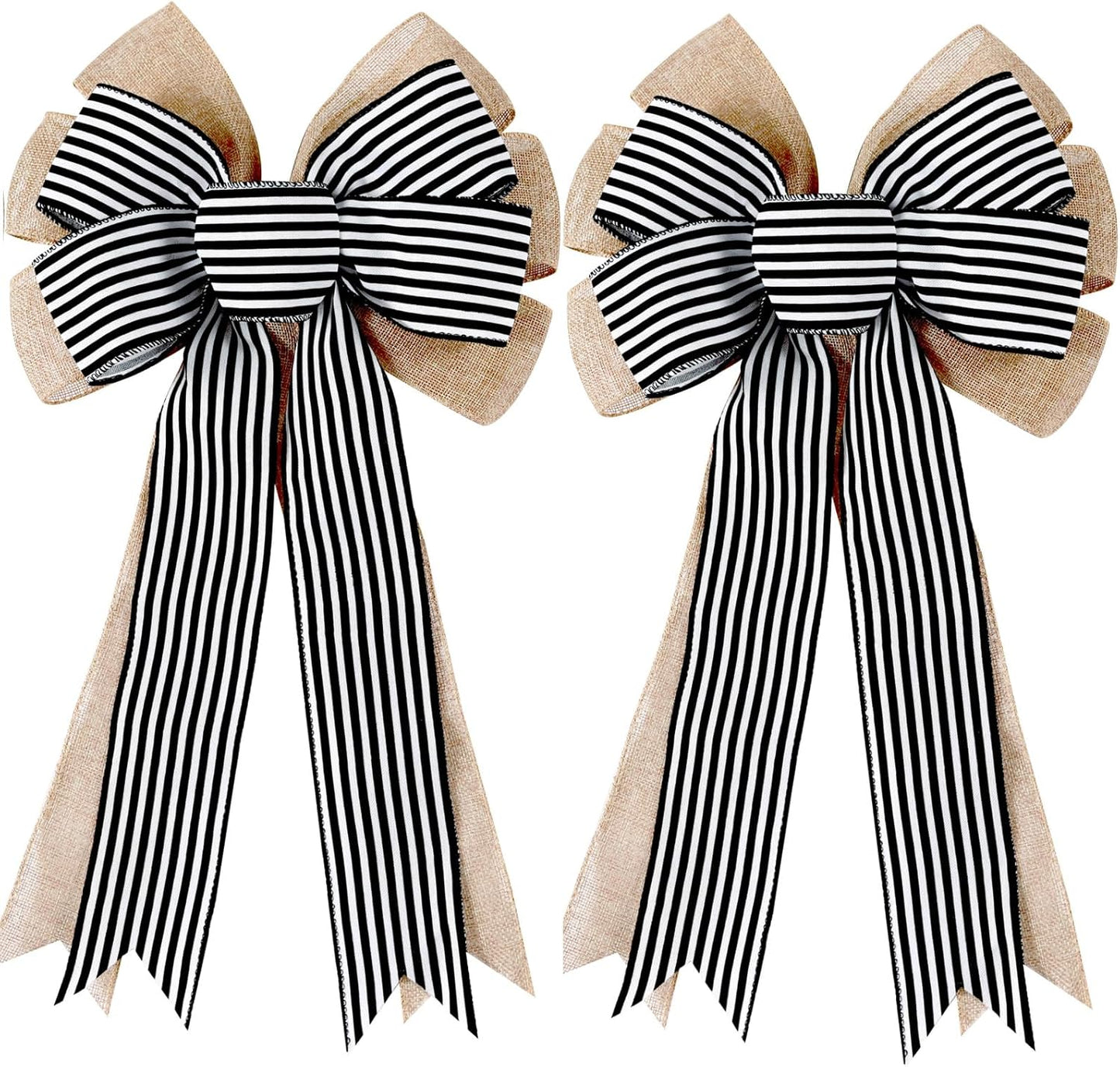 Skiennix 2 Pack Burlap Fall Bows - Black & White Stripe Decor for Wreaths, Weddings & Home