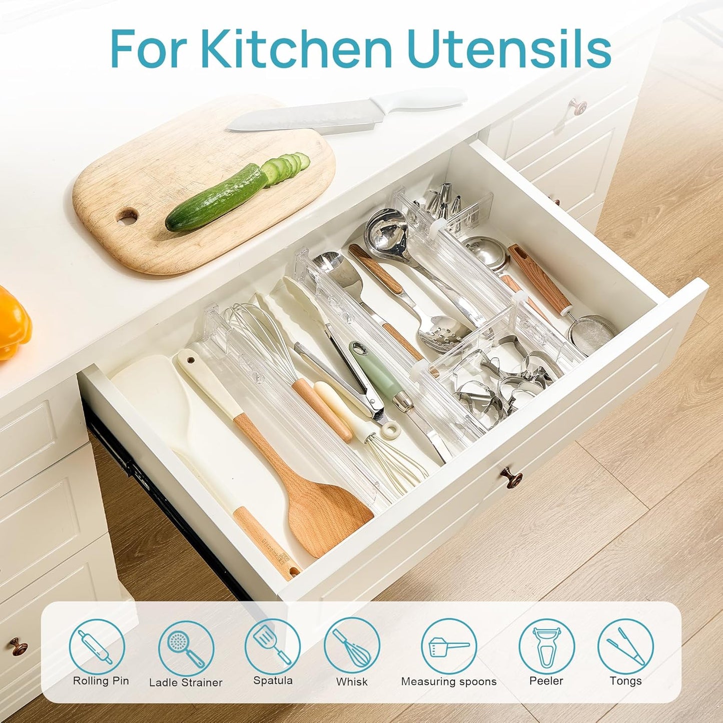 Vtopmart Drawer Dividers - Expandable Kitchen Organizer with 8 Dividers & 14 Inserts | Adjustable 12.8"-22.3" Clear Plastic Separator for Flatware & Utensils