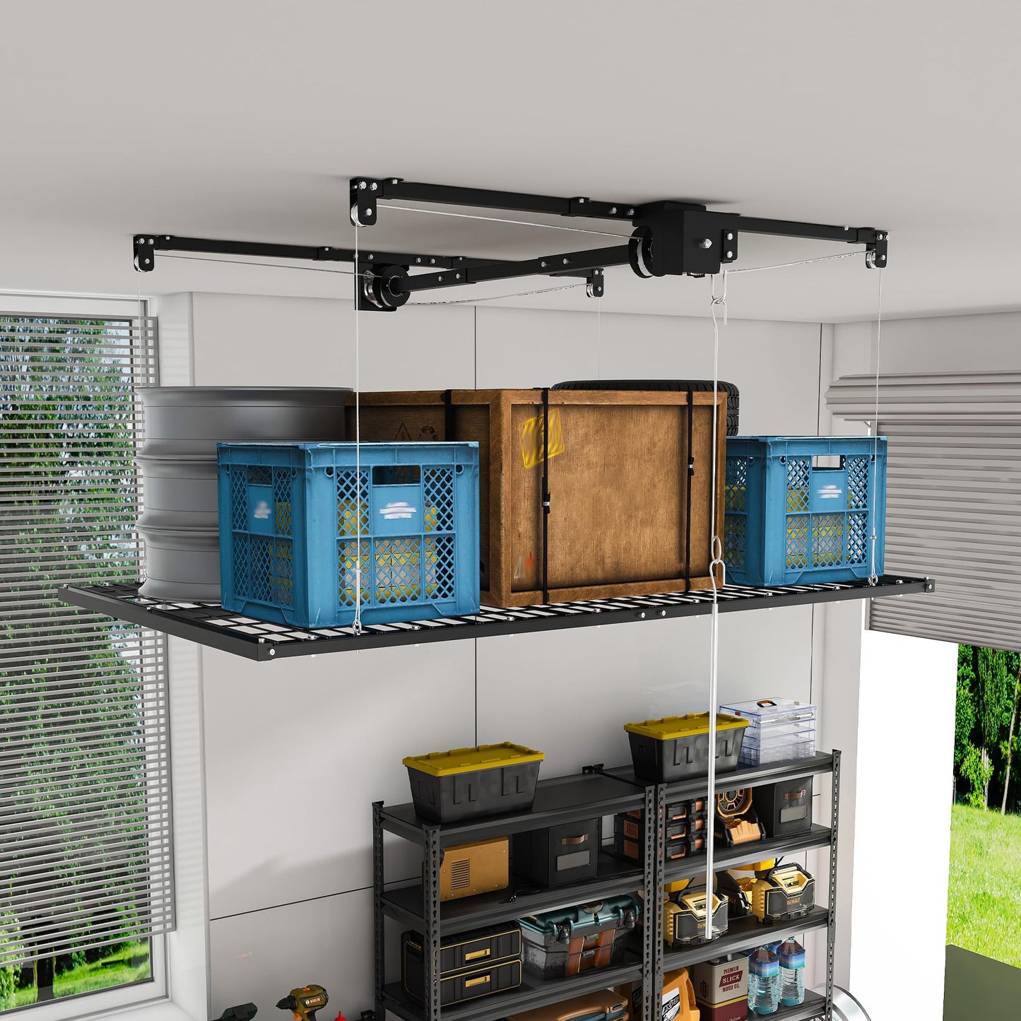 Leavader Manual Garage Storage Lift 4x8 FT for 10-12 ft Ceilings, Crank Down Overhead Storage Rack with Safety Lock, Heavy Duty Steel Garage Ceiling Storage System, 325LBS Capacity