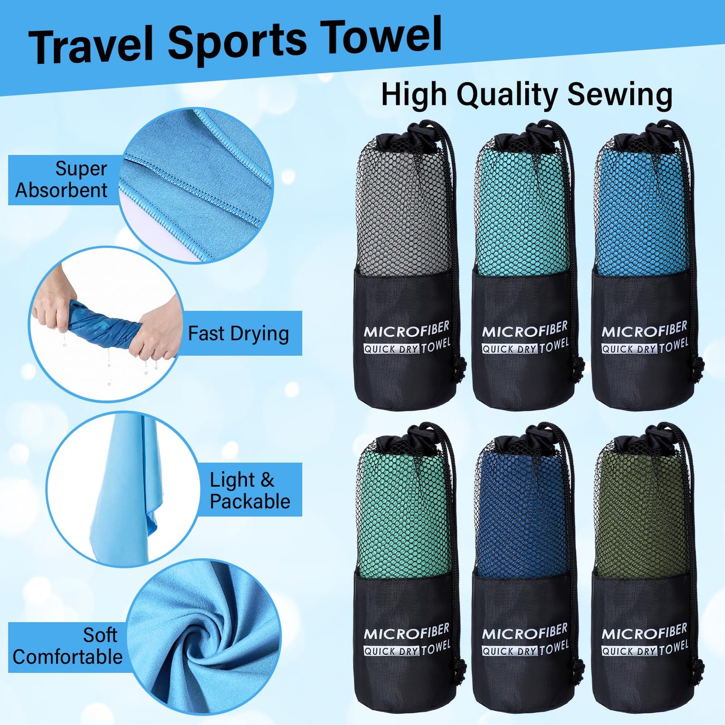 Mindsoft 6 Pack Microfiber Gym Towels, 20 x 47 Inch Large Cooling Towels for Men Women Soft Breathable Quick Dry Neck Face Sweat Towel for Yoga Sports Running Workout Beach Fitness Exercise(Classic)