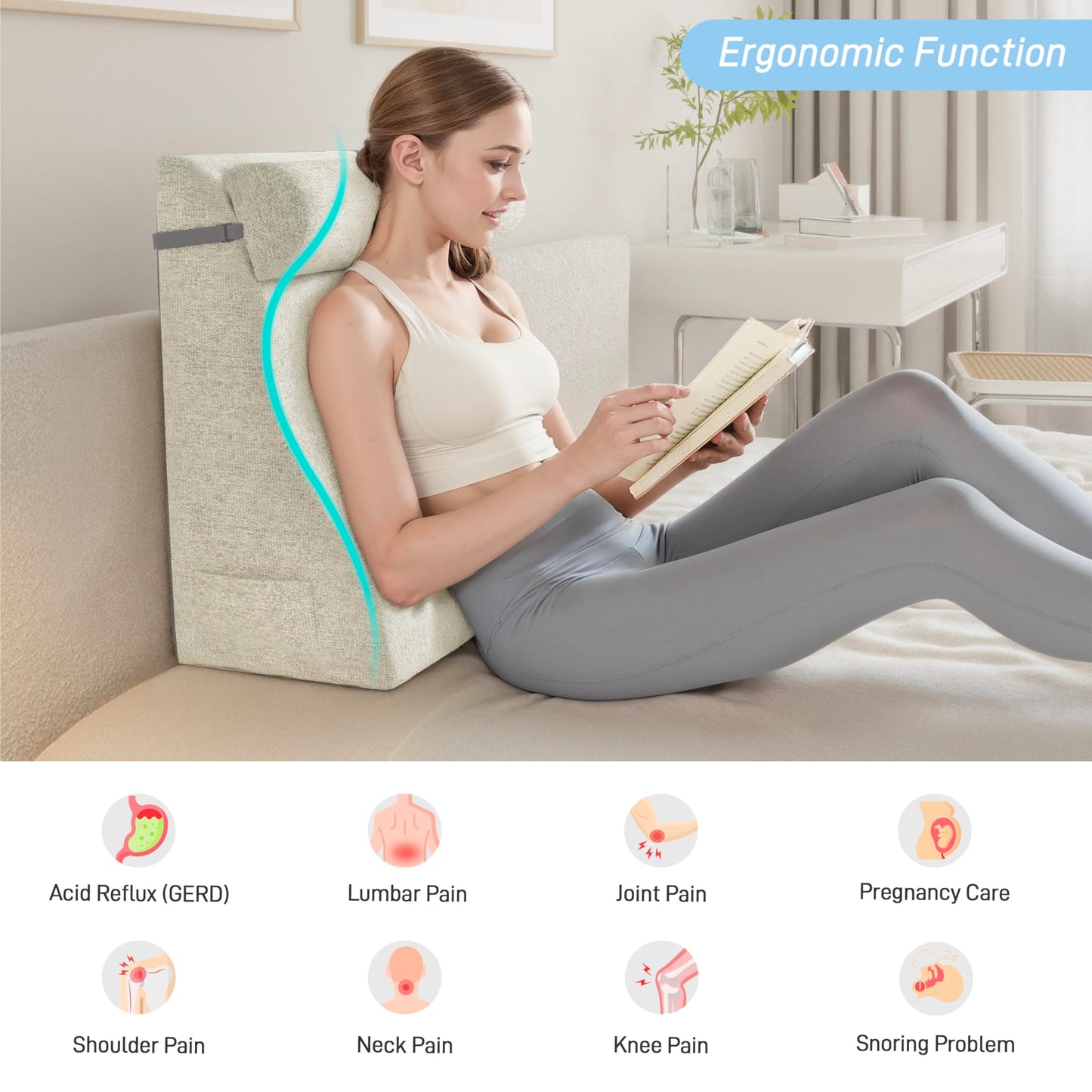 strusery Wedge Pillow for Sitting in Bed – Ergonomic Backrest Cushion, Acid Reflux & GERD Relief, Adjustable Support for Neck/Leg Pain (Polyester-White)