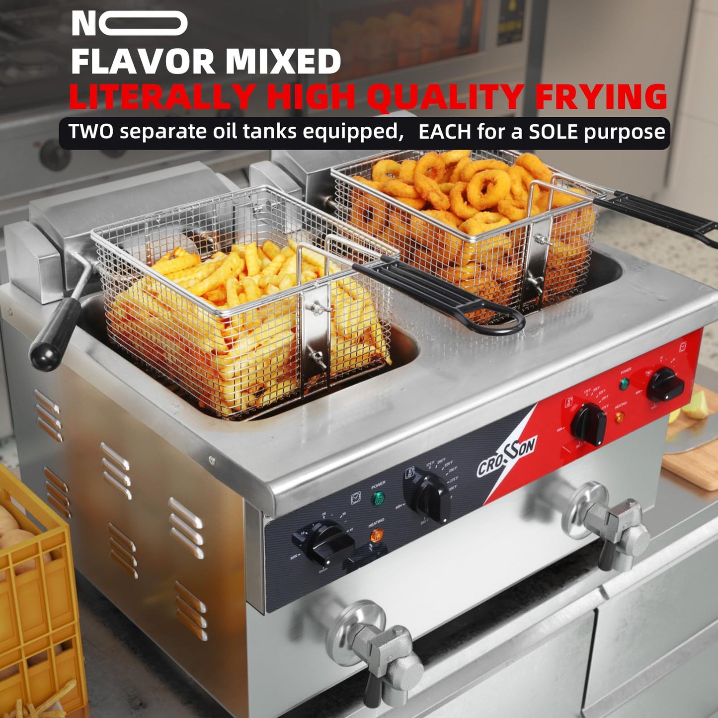 CROSSON 16L Dual Tank Countertop Electric Deep Fryer with "Swing-up and Hold",Drain Valve,Strech forming Oil Tank and Solid Wire Mesh Basket for Restaurant Use 120V,3600W Commercial Deep Fryer
