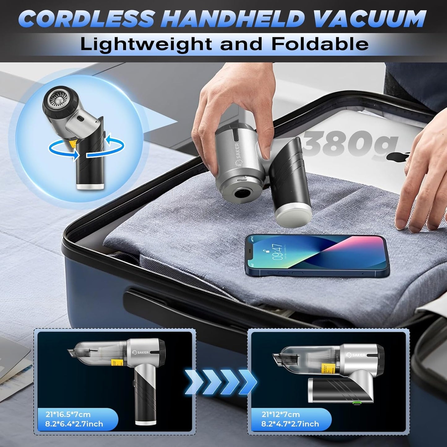 Saker Handheld Car Vacuum - Portable Cordless 17000PA Mini Air Duster & Blower | Rechargeable, Foldable, Black
