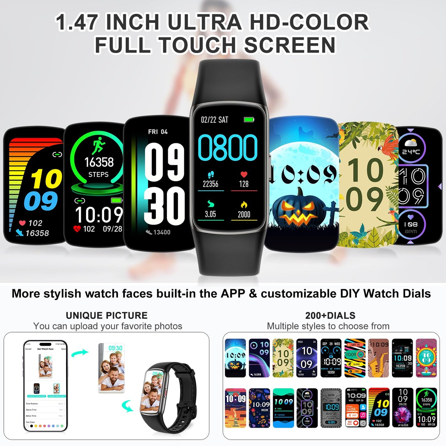 Fitness Tracker, Activity Tracker with 24/7 Heart Rate Blood Oxygen Sleep Monitor, 123 Sports Modes Step Counter, 1.47'' HD Screen Fitness Watch, Smart Watches Pedometer for Women Men Android/iOS