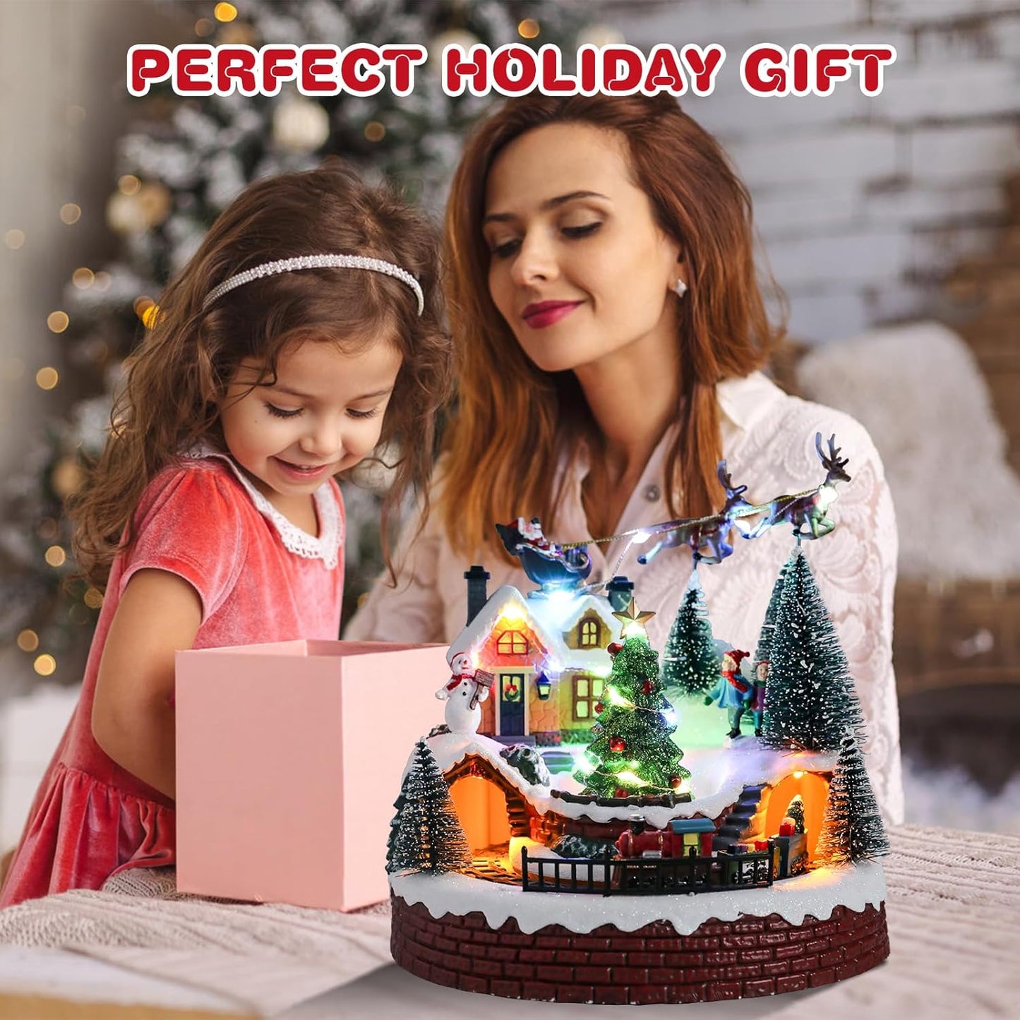 Vipush Christmas Village House Decorations - Resin Train Set with LED Lights & 8 Holiday Songs | Flying Santa Figurines