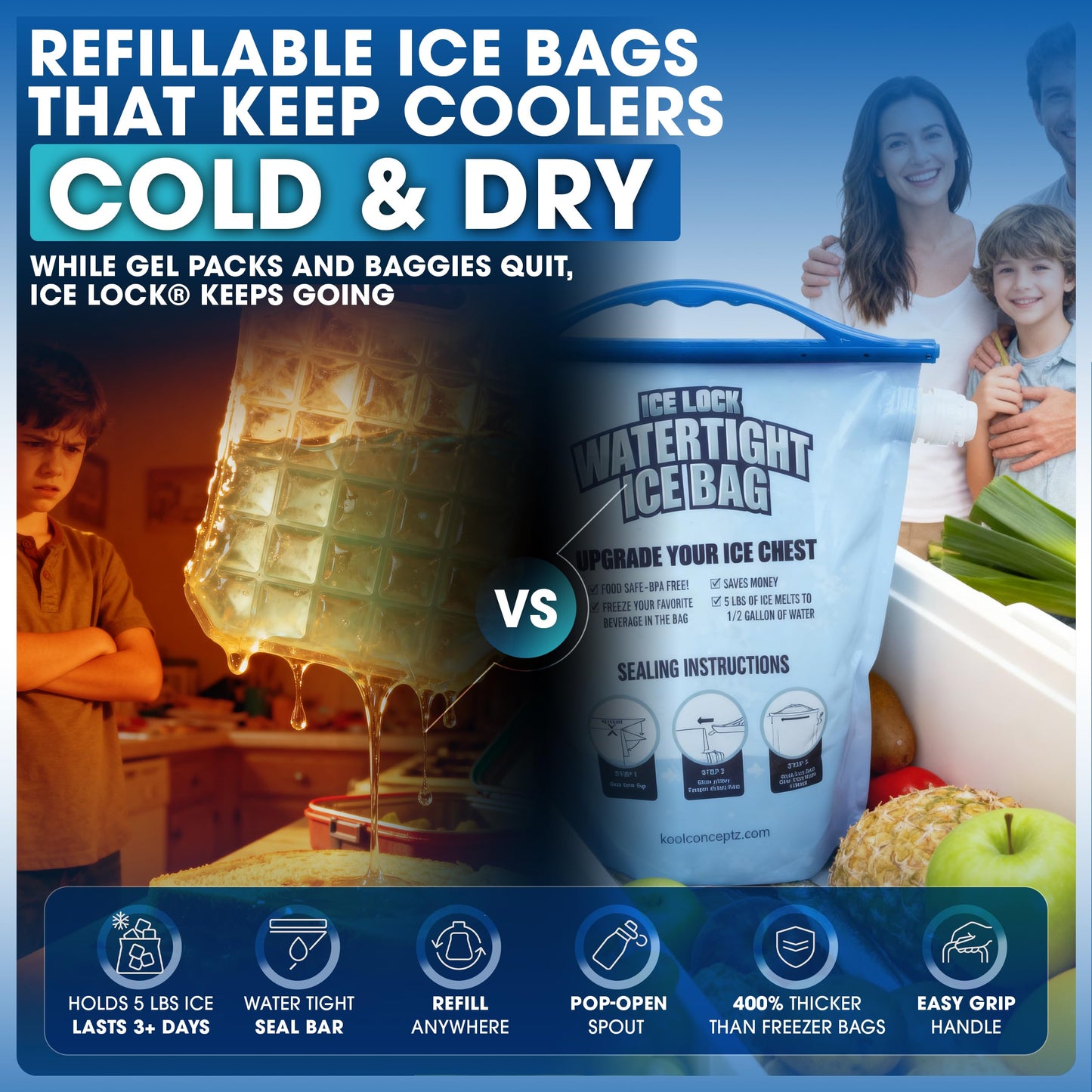 ICE LOCK Reusable Ice Packs for Coolers - Large Leakproof Ice Bags - Refillable with Cubed Ice, No Freezer Needed - 4 Layer Waterproof - Cold & Dry Storage with Drinkable Meltwater - (Pack of 2)