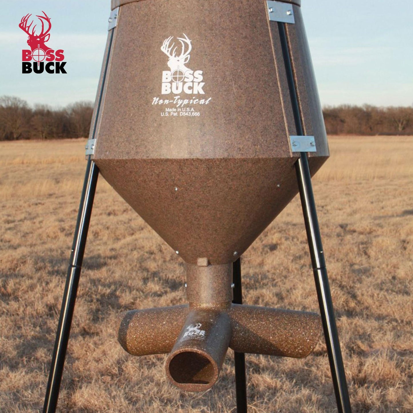 Boss Buck Gravity Deer Feeder for Game & Hunting w/Adjustable Flow, 200 lb Corn Capacity - All-Season Automatic Wildlife Feeding System with 75-Inch Galvanized Legs and 3-Way Feed Ports