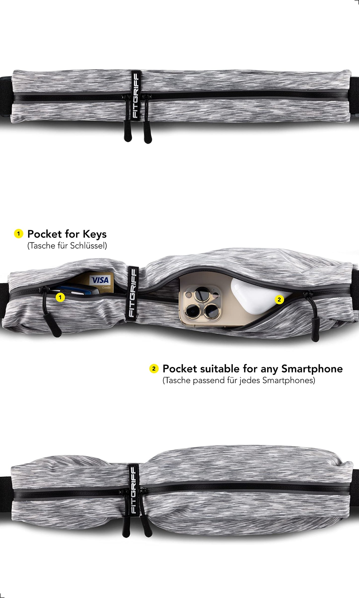 Fitgriff® Running Belt for Men & Women - Secure Jogging Pouch for Phone, Keys & Essentials - For All Cell Phones (White, 24.5" - 35.5" Waist Size)