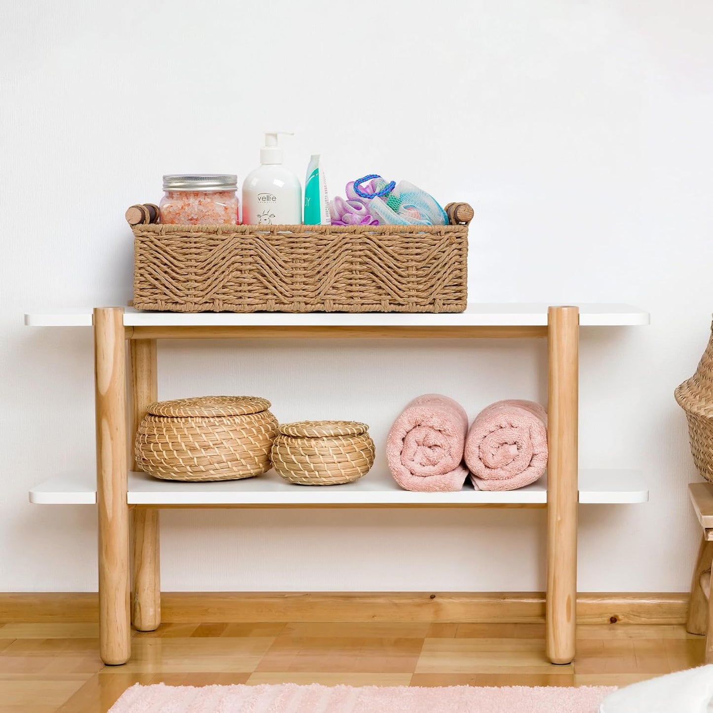 Skiennix Bathroom Baskets - Decorative Storage with Handle for Countertop & Toilet Paper | Cream Set