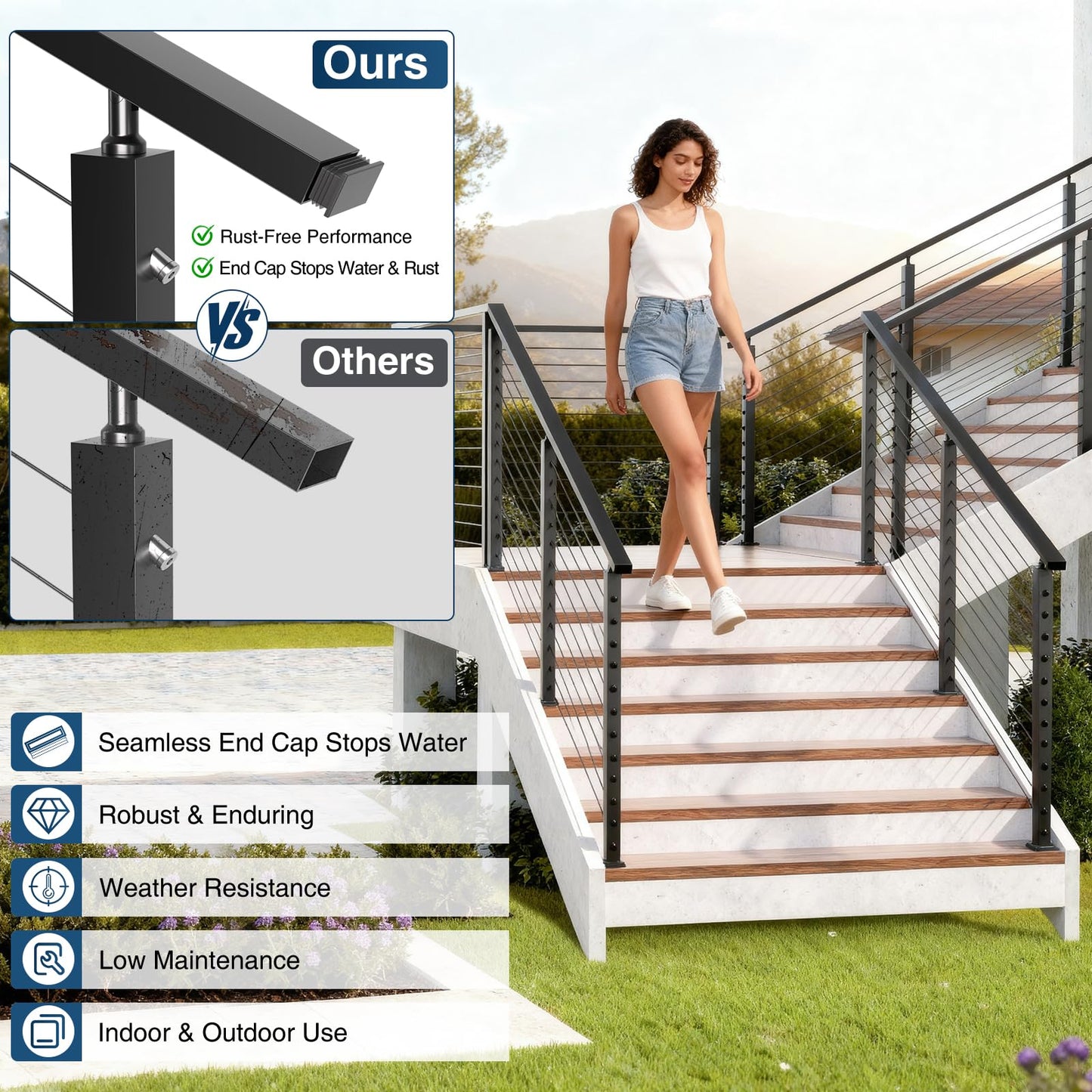 Gyykzz 4 Pack 10FT Black Rectangular Stainless Steel T304 Handrail for Cable Railing System, Flat Top Cable Railing Handrail with Extra End Caps for Indoor Outdoor Length Adjustable DIY Balustrade