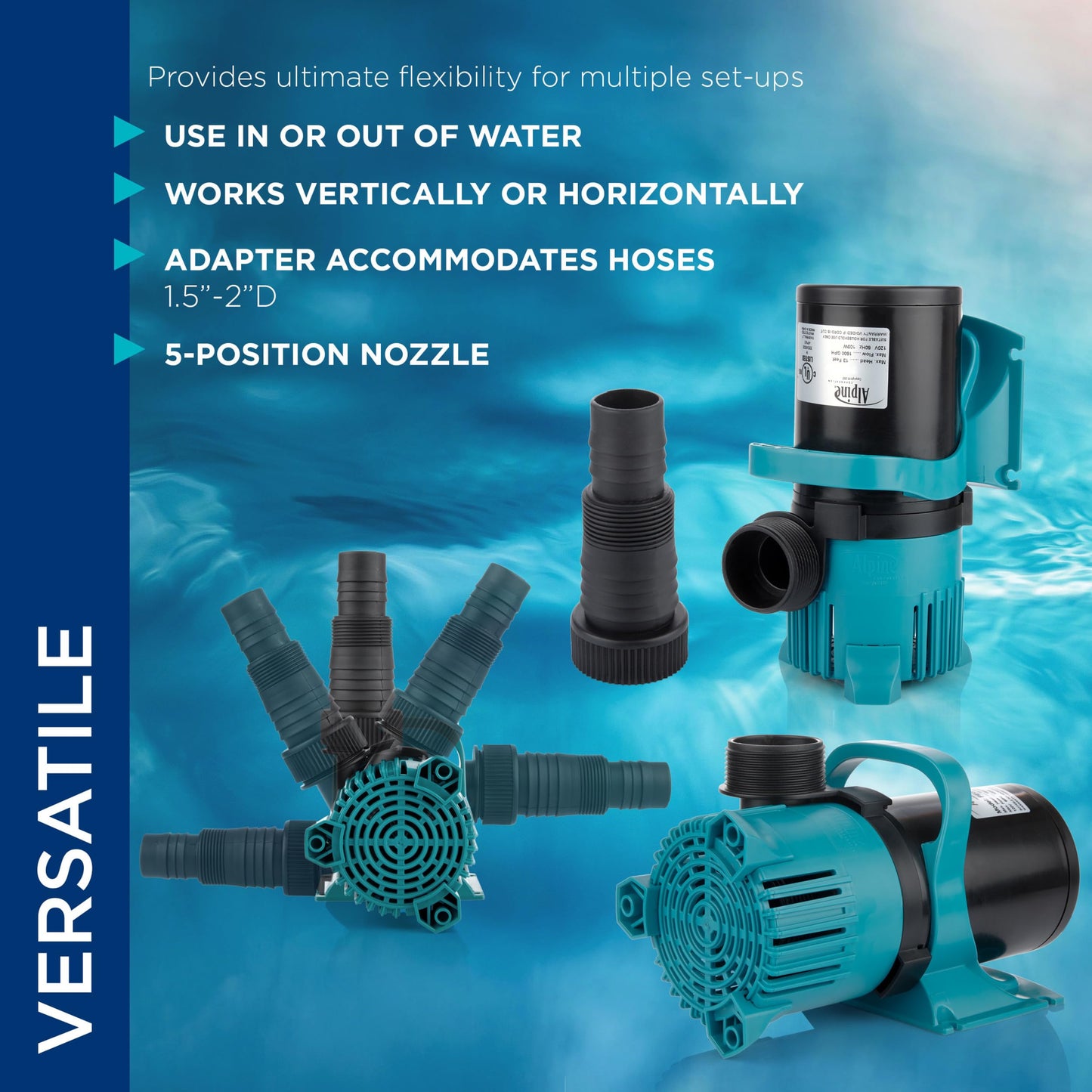 Alpine Corporation 5600 GPH Vortex Submersible Water Pump 20 Ft Cord for Ponds, Fountains and Water Circulations, Quiet Operation Vertical/Horizontal, 22.5 Ft Lift 324 Watts, Black/Teal