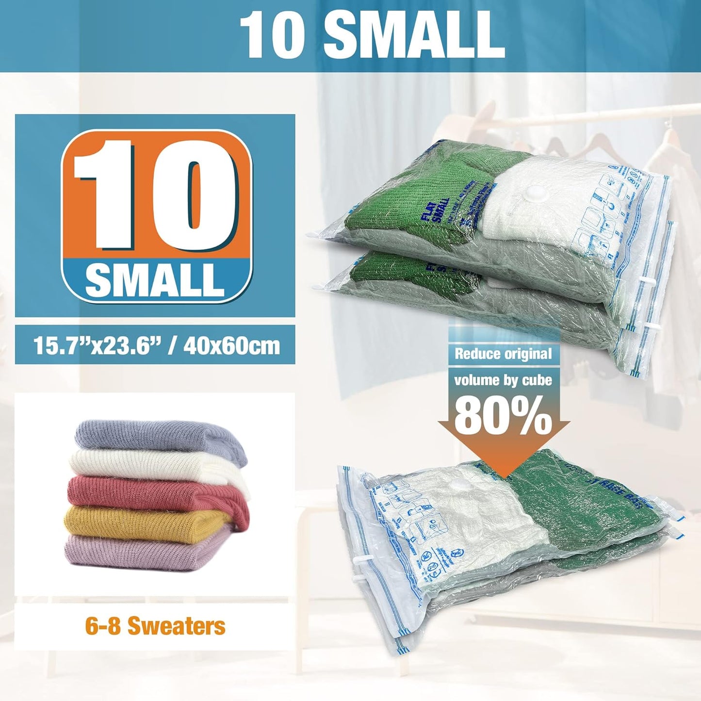 Skiennix Vacuum Storage Bags - 10 Small Space Saver Vacuum Seal Bags with Travel Hand Pump
