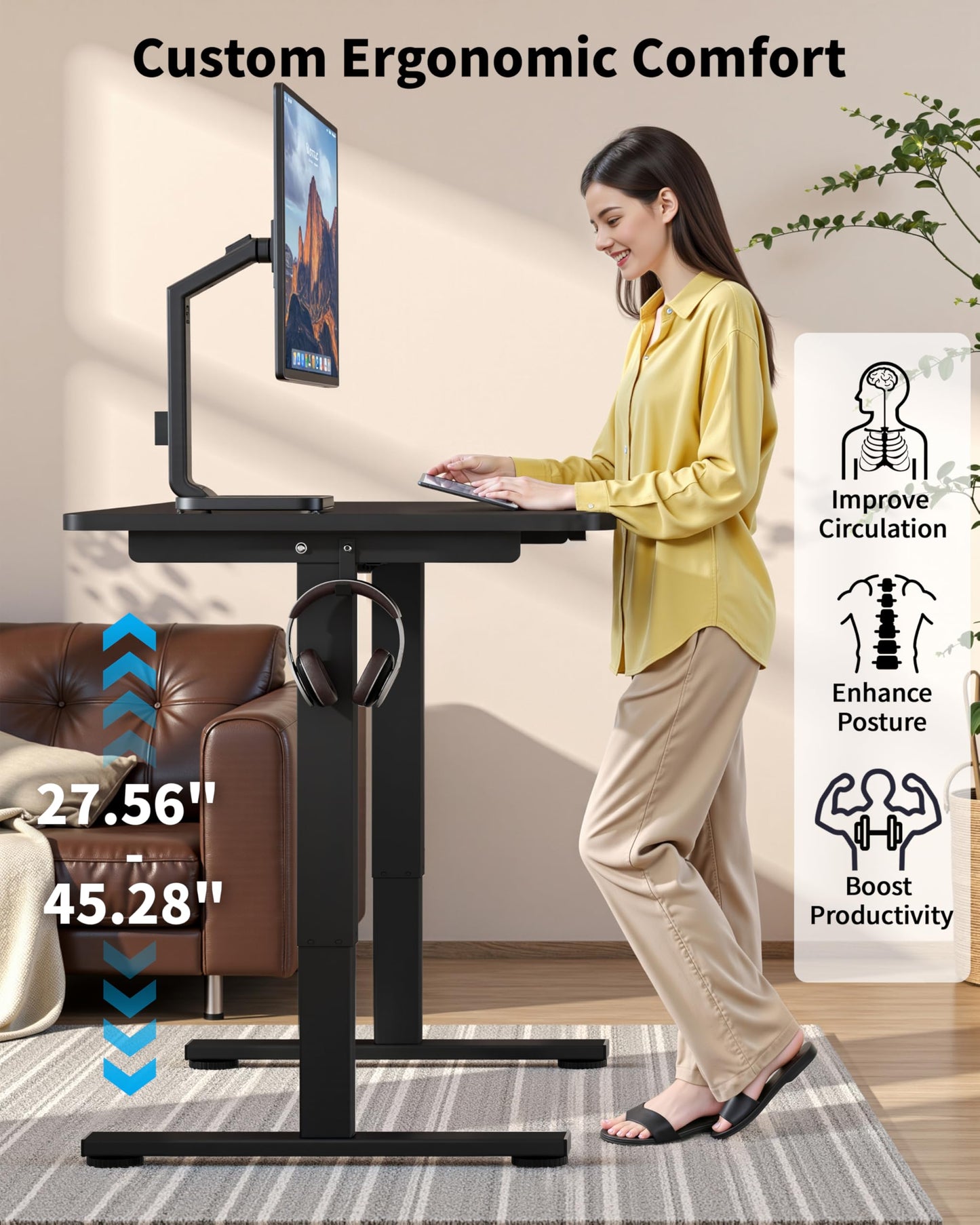 Okin Small Electric Standing Desk, 36 x 24 Inches Whole Piece Height Adjustable Desk, Black Sit to Stand Desks Computer Workstation with Wheels for Home Office