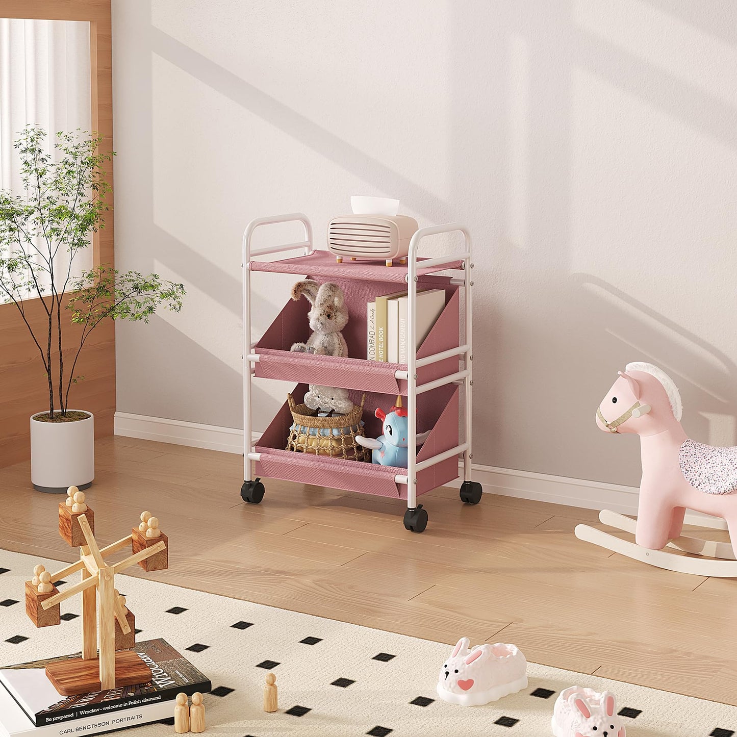Buzowruil Utility Rolling Fabric Storage Rack Trolley Toy Cart Trolley with 2 Large Storage Boxes,Wheels, Suitable for Bedroom, Living Room, Entryway, Pink