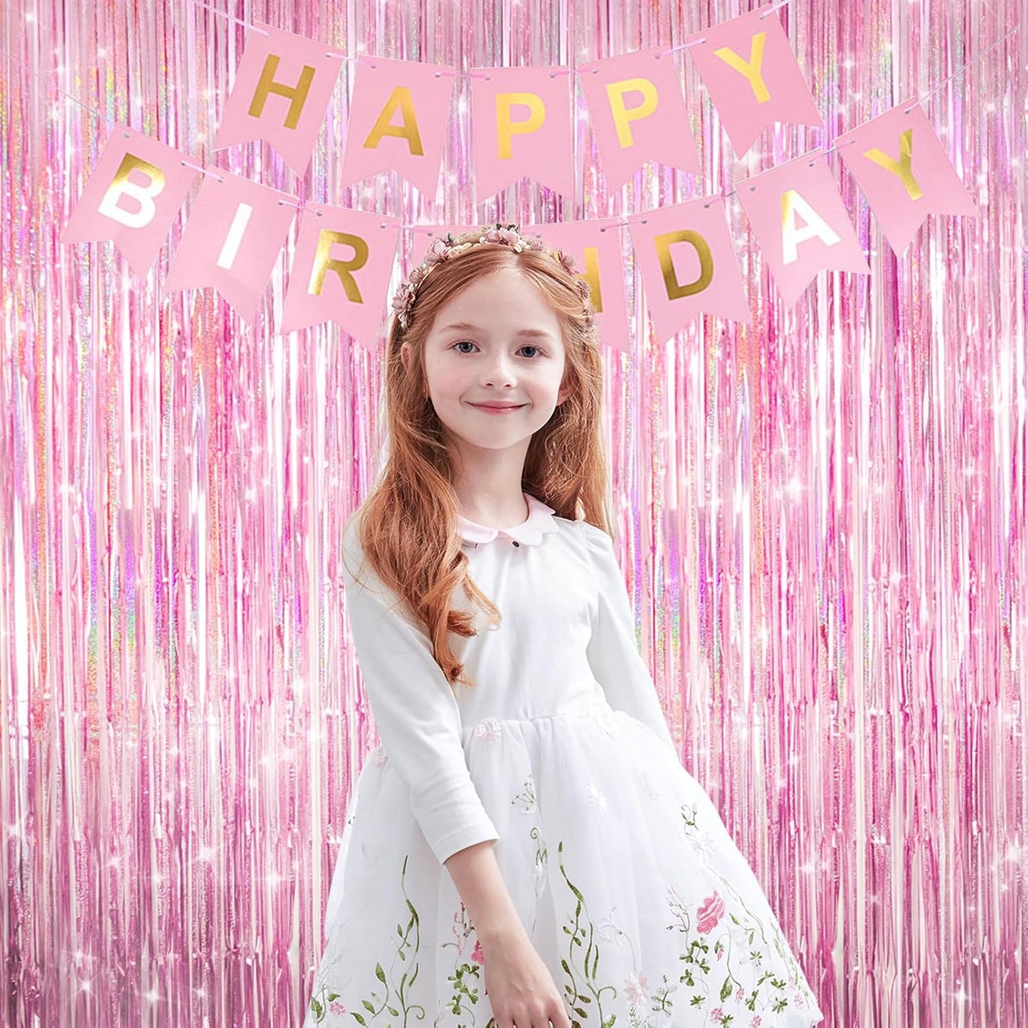 Skiennix Shiny Pink Tinsel Foil Fringe Curtains - 2 Pack Party Backdrop for Birthday & Baby Showers