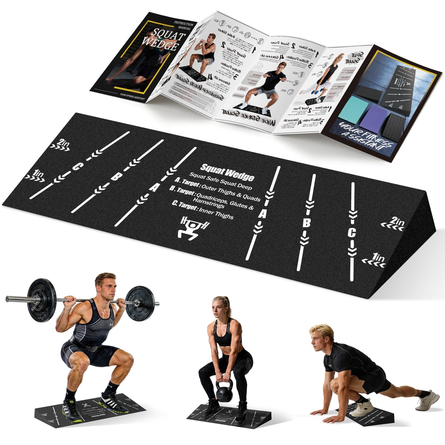 Squat Wedge Block One Piece: Heel Elevated Slant Board for Squats Exercises Deadlift Weightliting for Home & Gym with Guide