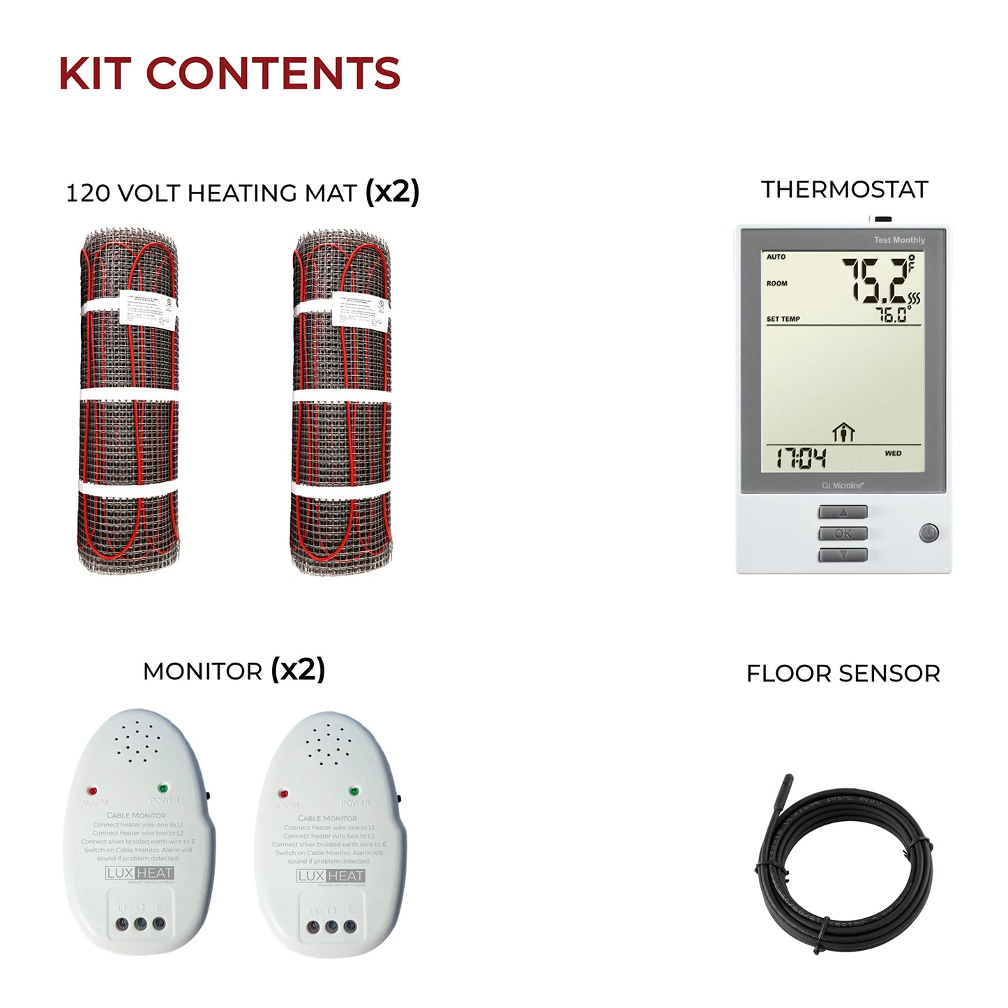LuxHeat 130sqft Floor Heating Mat Kit – 120v Electric Radiant Heated Flooring System – Heated Flooring Under Tile & Laminate - Includes UDG Programmable Thermostat w/GFCI, Alarm & Sensor