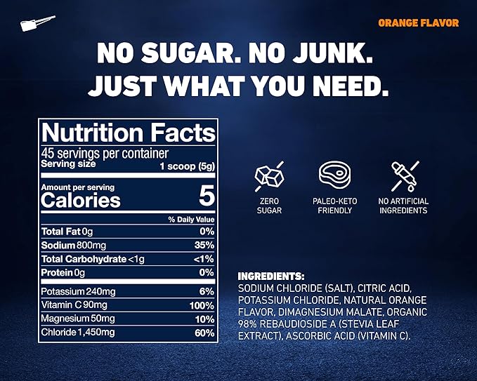 Zero Sugar Electrolyte Powder | Salty Orange Hydration | 45 Servings Bulk Jar | High Sodium Potassium Magnesium Electrolytes | No Sugar No Carbs, with Stevia - for Sweat, Keto, POTS, Fasting