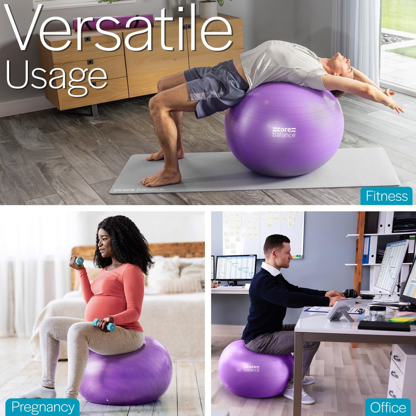 Core Balance Exercise Ball for Workouts, Anti-Burst and Slip Resistant, Swiss Yoga Ball for Pregnancy, Stability, Fitness and Physical Therapy, 4 Sizes, with Pump (33" / 85cm Purple)