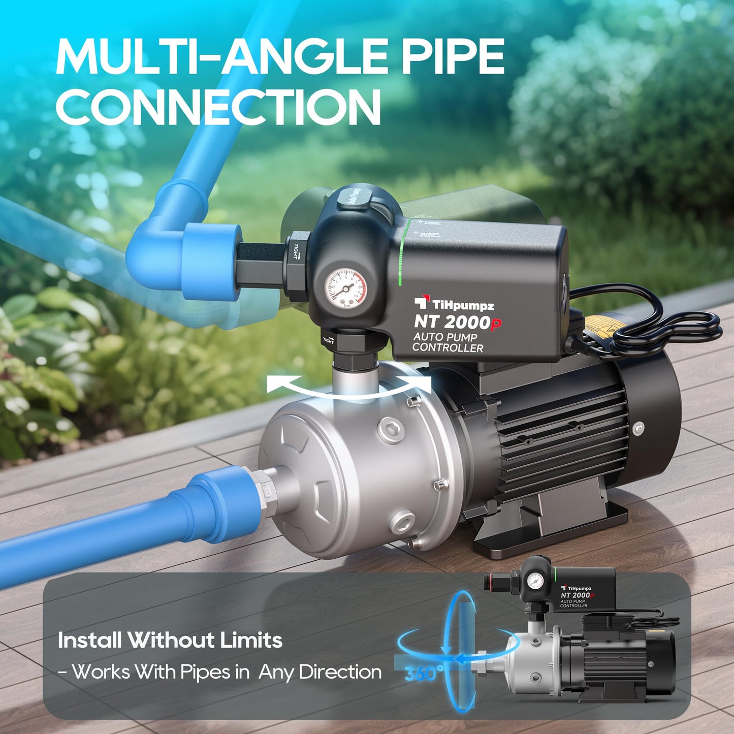 TiHpumpz Auto Water Pressure Booster Pump for Home. 110VAC/60HZ, 2/3HP, 1HP, 1.5HP for Whole House, Underground or Surface Water Sources (CHB2-3)