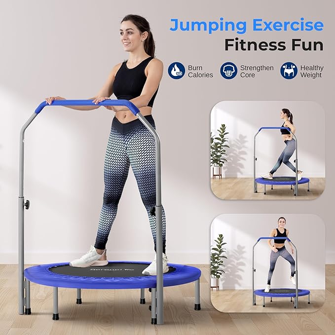 SereneLife 36/40" Foldable Mini Trampoline - Compact Fitness Trampoline for Kids Adults, Exercise Rebounder with Foam Handle, Indoor/Garden Workout Equipment, Max Load 150/220 lbs