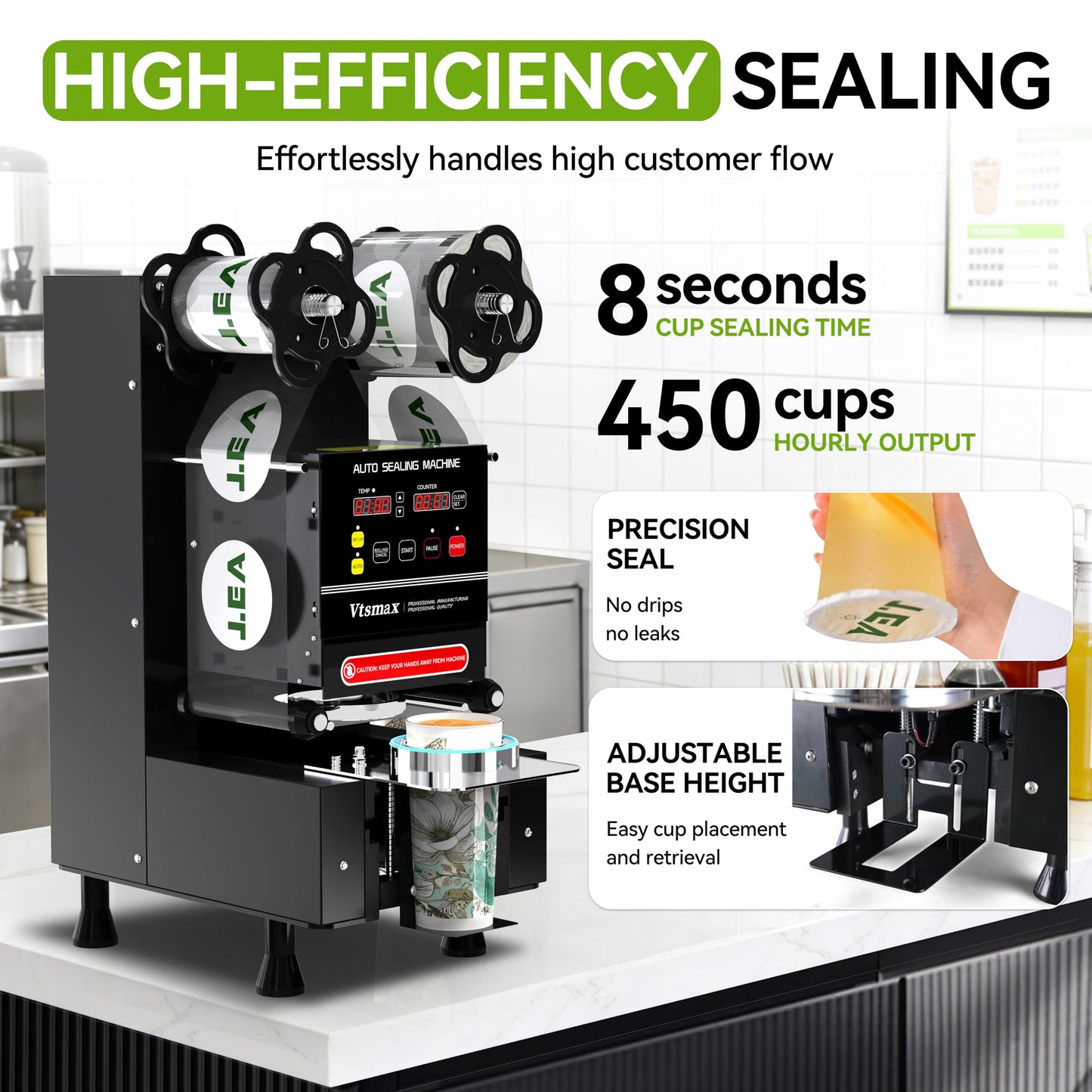 Vtsmax Automatic Cup Sealing Machine 90/95mm, 500-700 Cups/H Electric Cup Sealer with Counting LCD Panel for Bubble Tea, Milk, Juice, Coffee and Boba Shop etc. (Black)