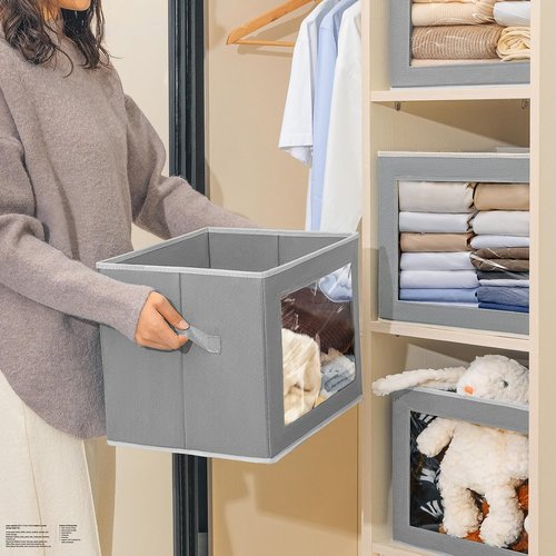 Homsorout Storage Bins - 4 Pack Large Fabric Storage Cubes with Lids & Handles | Grey Organizing Solution