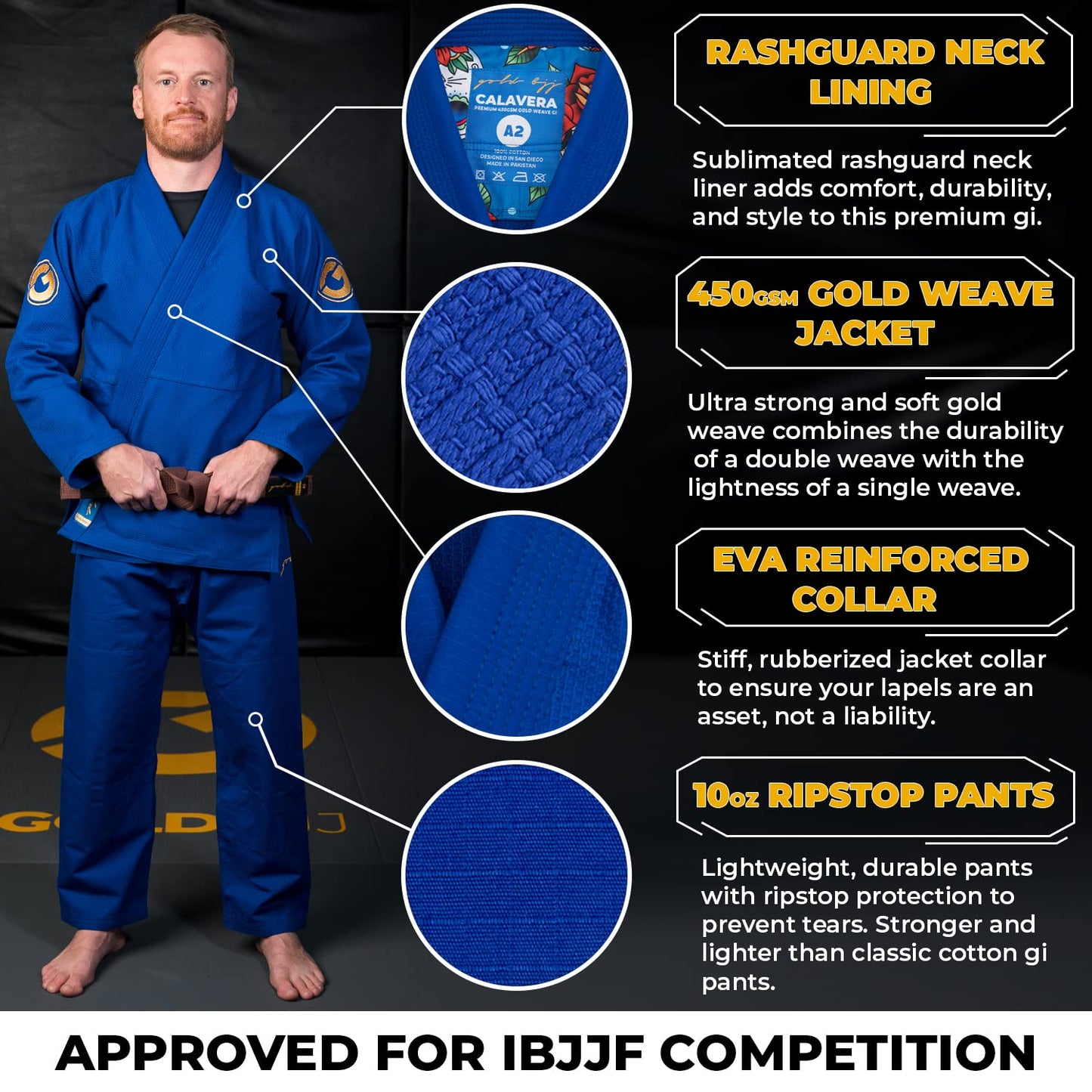 Gold BJJ Calavera Jiu Jitsu Gi - Ultra Strong Gold Weave Premium Kimono - IBJJF Competition Approved Uniform (Blue, A5)