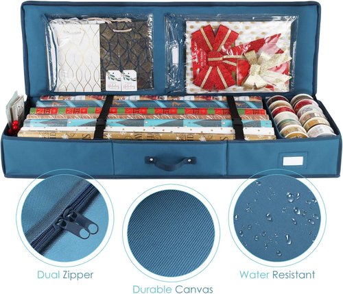 Hearth & Harbor Wrapping Paper Storage Container - Tear-Proof Christmas Gift Wrap Organizer | Fits 22 Rolls, Blue