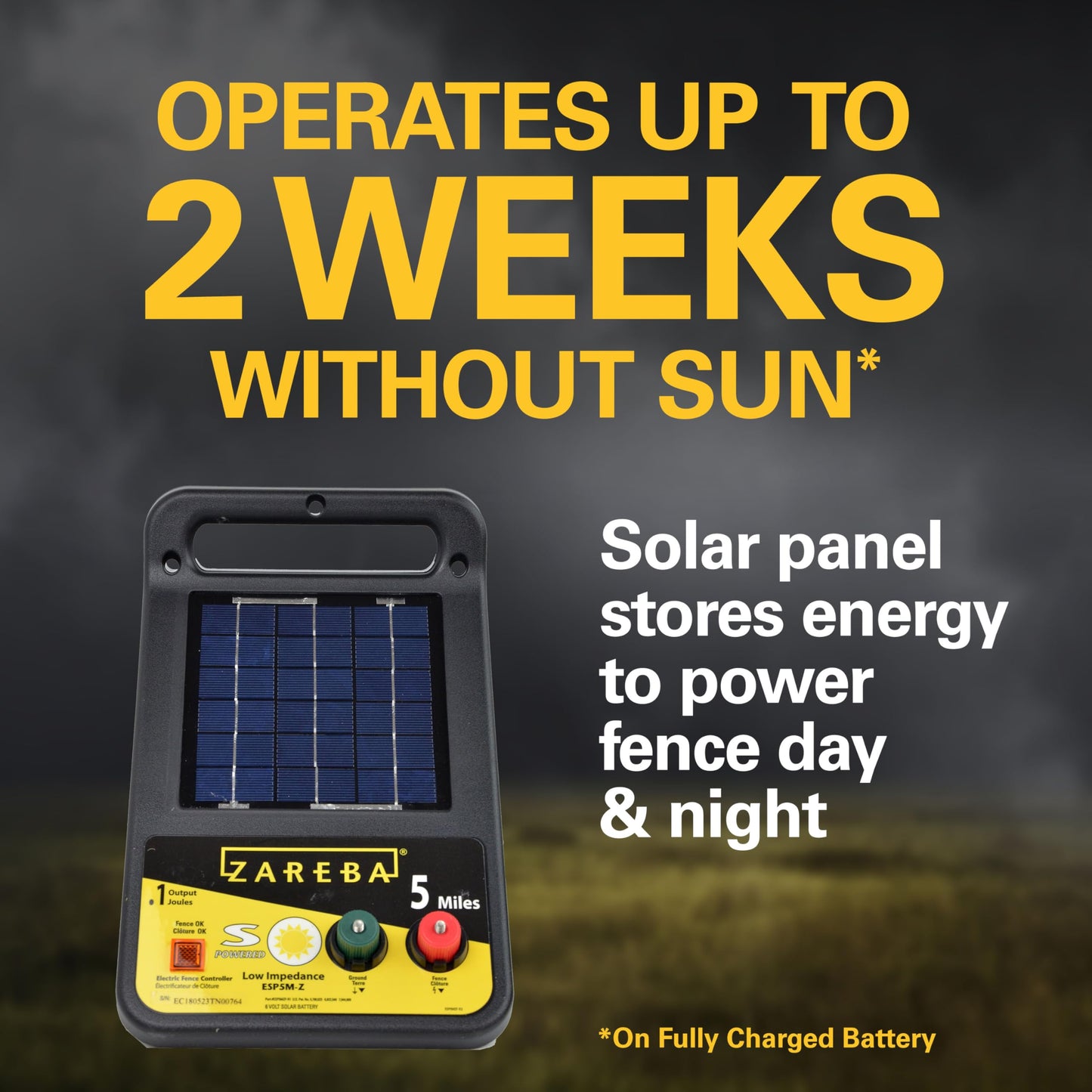 Zareba Solar Electric Fence Charger - 5 Mile Range Low Impedance Energizer with T-Post Mounting Bracket and 360-Degree Rotation, Rotational Grazing Fence Charger for Livestock & Cattle, ESP5M-Z