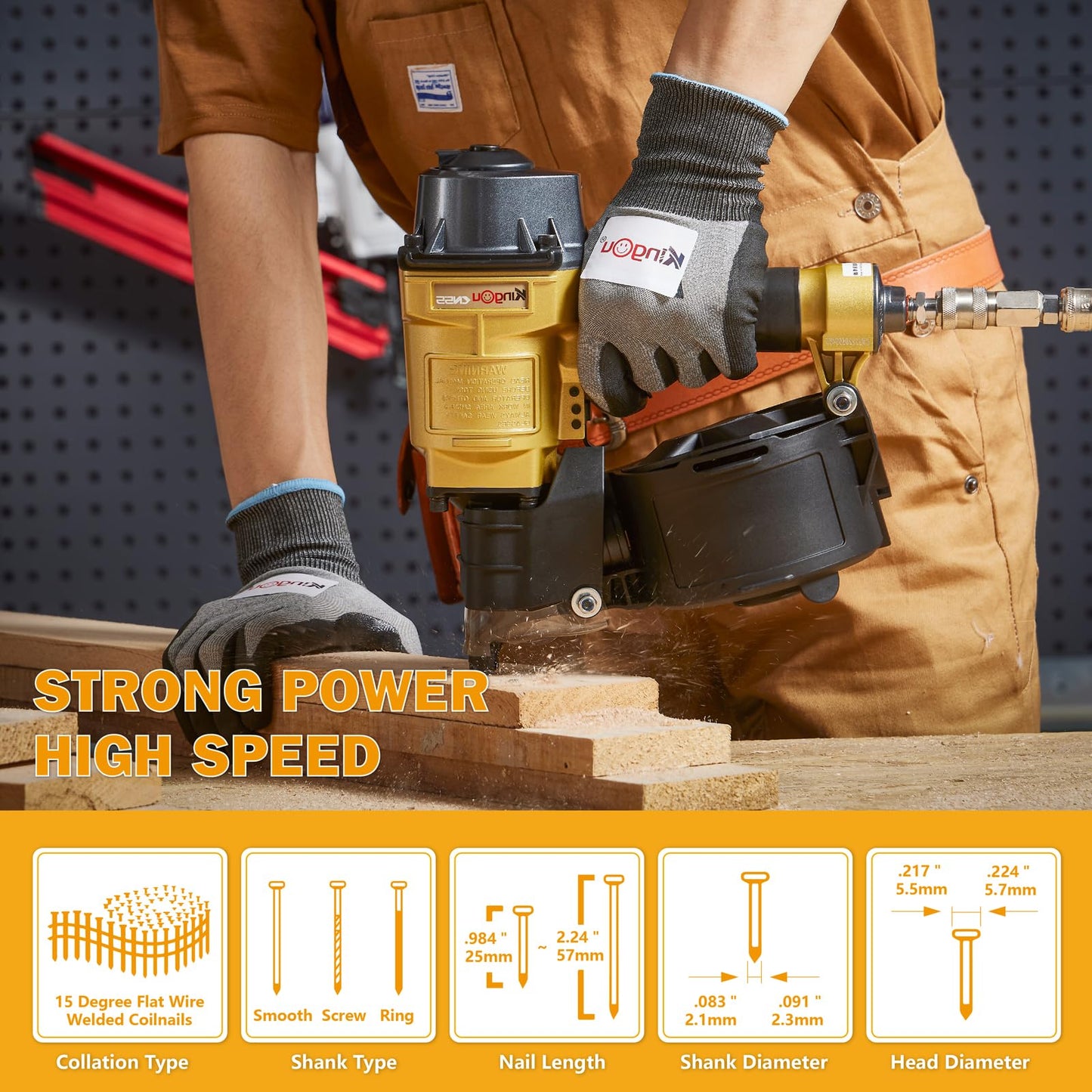 Kingou CN55 Coil Siding Nailer Gun For Wooden Pallet Accepts 1 Inch To 2-1/4-Inch Nails With 1/4 NPT Air Connector 300-400pcs Load Capacity Coil Nailer Coil Nail Gun For Wooden Box Packing
