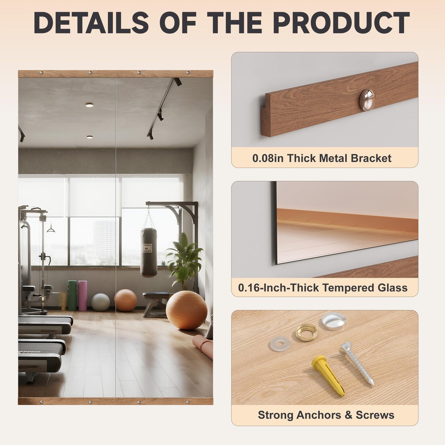 Hasipu 2Pcs 63''x28'' Home Gym Mirror Large Full Length Wall Mounted Full Body Mirror for Yoga Dance Fitness Exercise Studio Bedroom Garage, Frameless Tempered Glass Workout Mirrors Walnut Rectangular