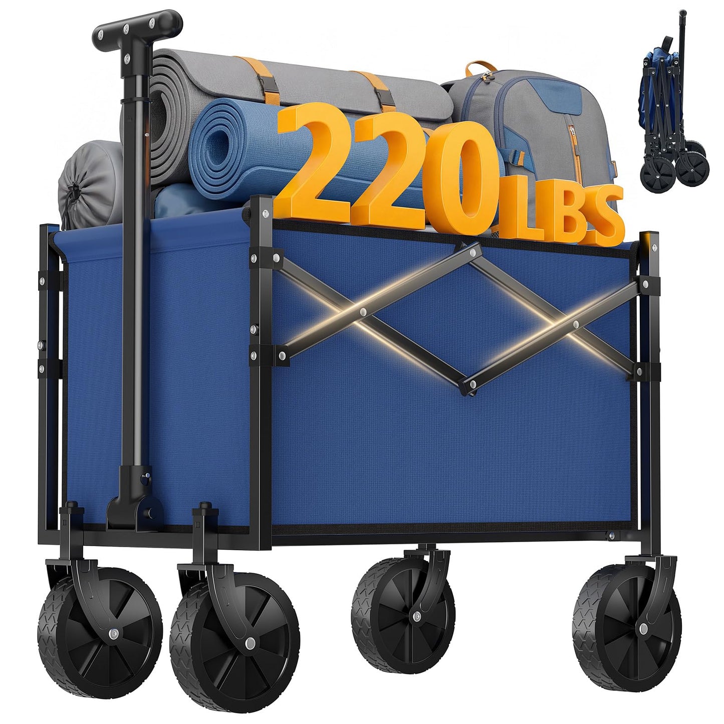 NEWBULIG Collapsible Wagon with All-Terrain Wheels, 220 LBS Folding Utility Cart, Lightweight & Heavy Duty Portable Wagon for Groceries, Beach, Camping & Garden, Blue