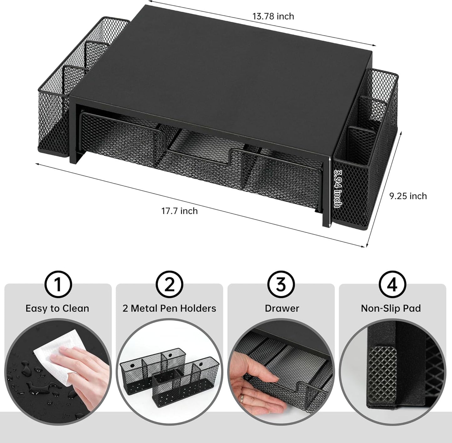 Qupui Computer Monitor Stand Riser with Drawer and Pen Holders, Desk Organizer Shelf and Accessories, Office Desk