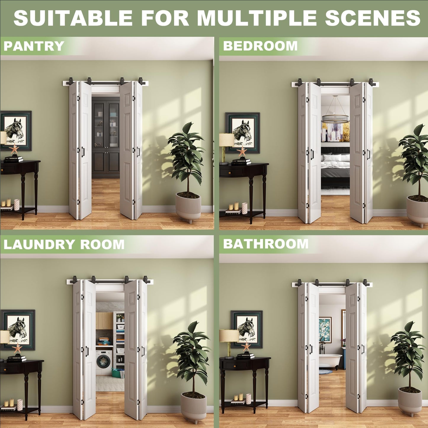 JUBEST 48"x 84" Bifold Barn Door, 6 Panel Bifold Sliding Barn Doors with 4.3FT Hardware Kit Included, Primed Doors Surface, Hollow-core & MDF Molded Panel, Four 12" x 84" Door Panels, DIY Available