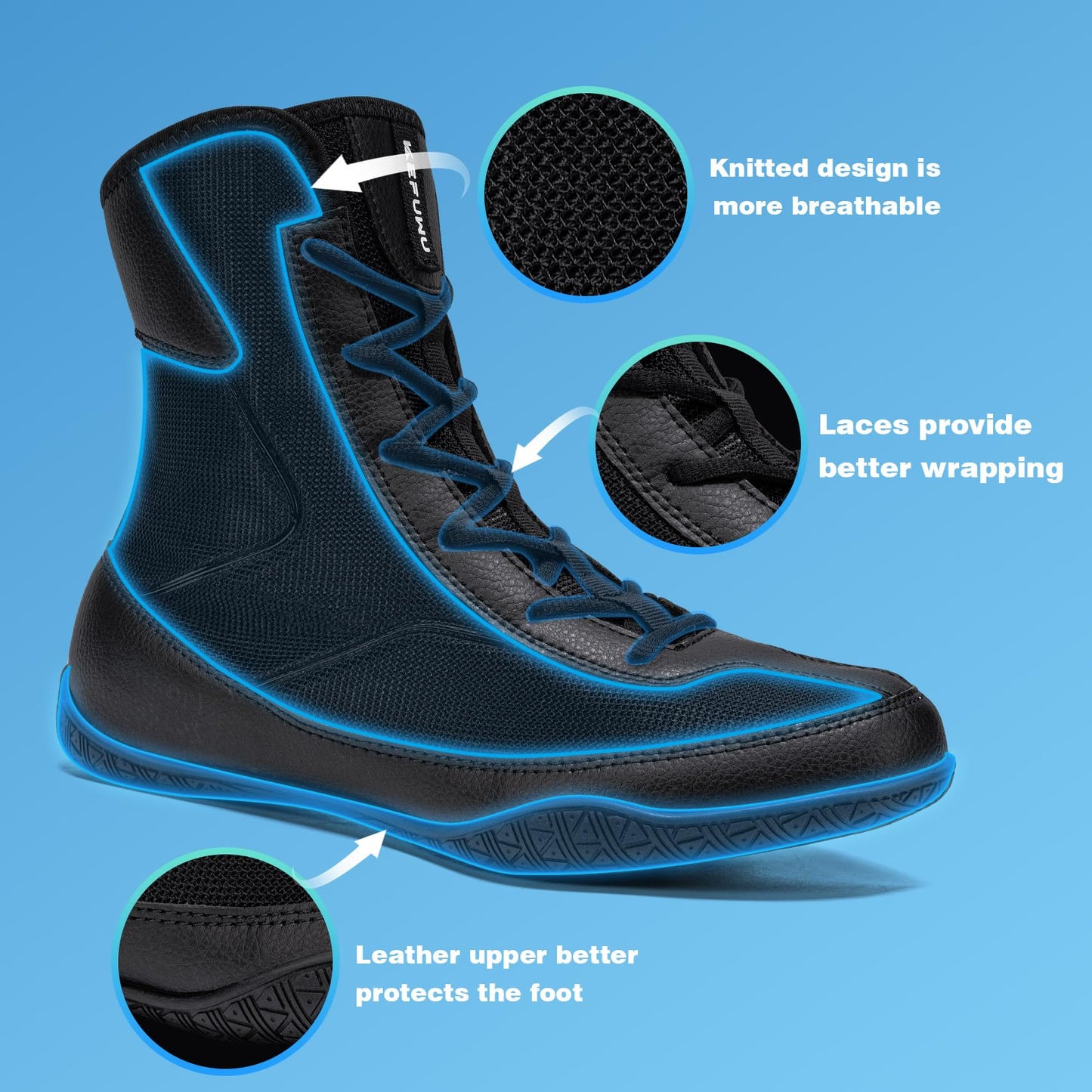 KEFUWU Wrestling Boxing Boots Wide for Men High Top Breathable Lightweight Non-Slip for Competition & Training(9.5 Man Wide, Black)