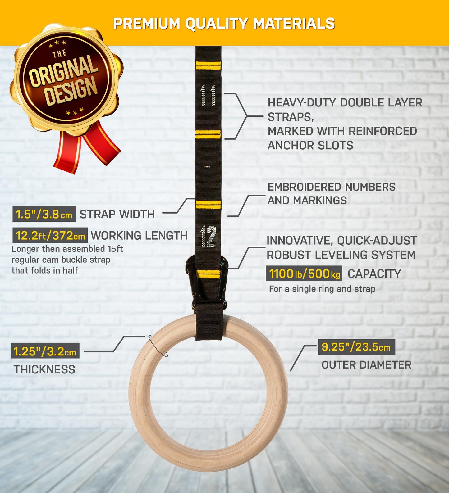Double Circle Gymnastics Rings with Quick Adjust Numbered Straps and Exercise Videos Guide - Full Body Gym Rings - Calisthenics Rings Wooden Rings (Extended Straps)
