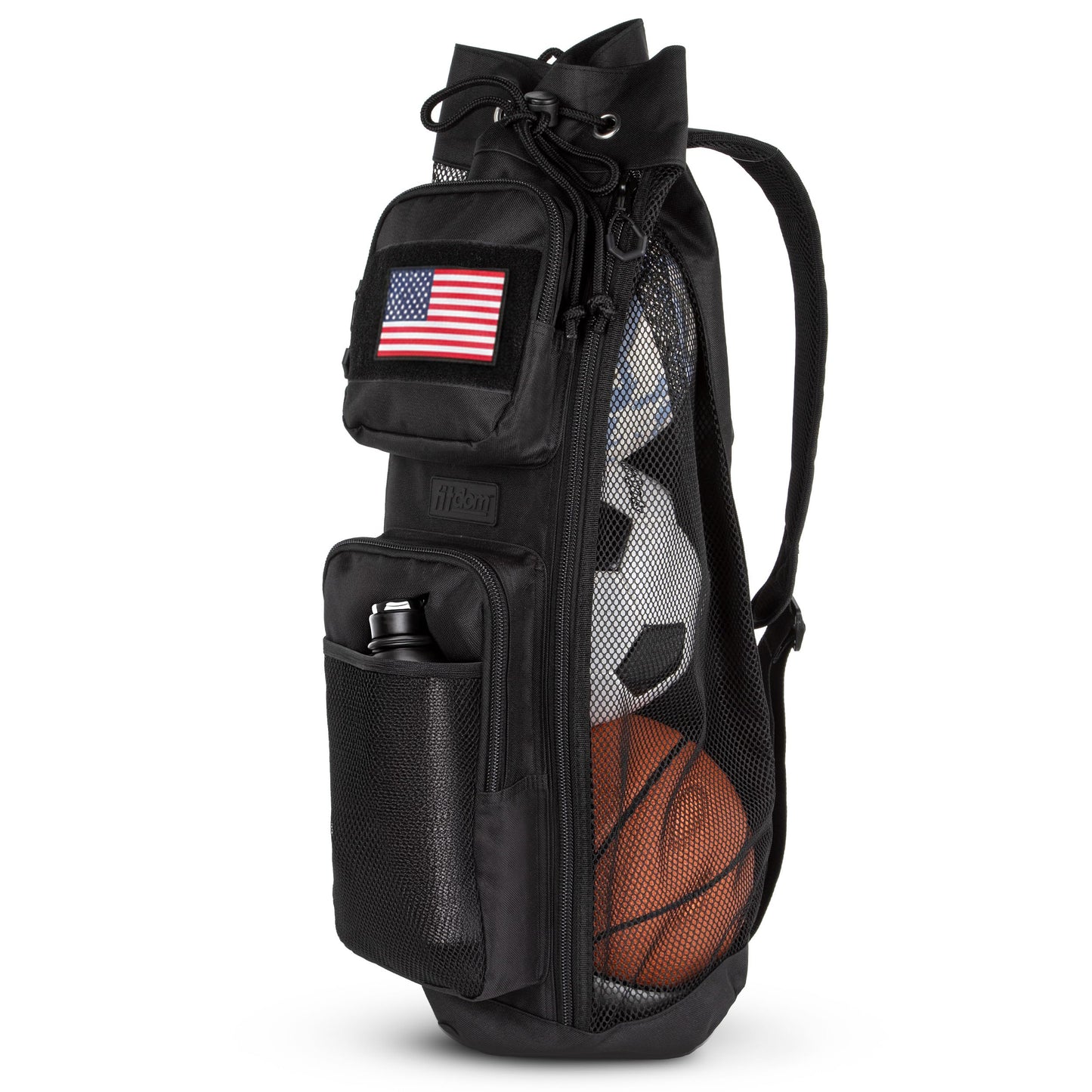 Fitdom 47L Heavy Duty Mesh Equipment Ball Bag w/Adjustable Padded Sling Shoulder Strap Design for Coach. 3 Different Size Compartments. Perfect for Soccer Football Volleyball Basketball & Water Sports