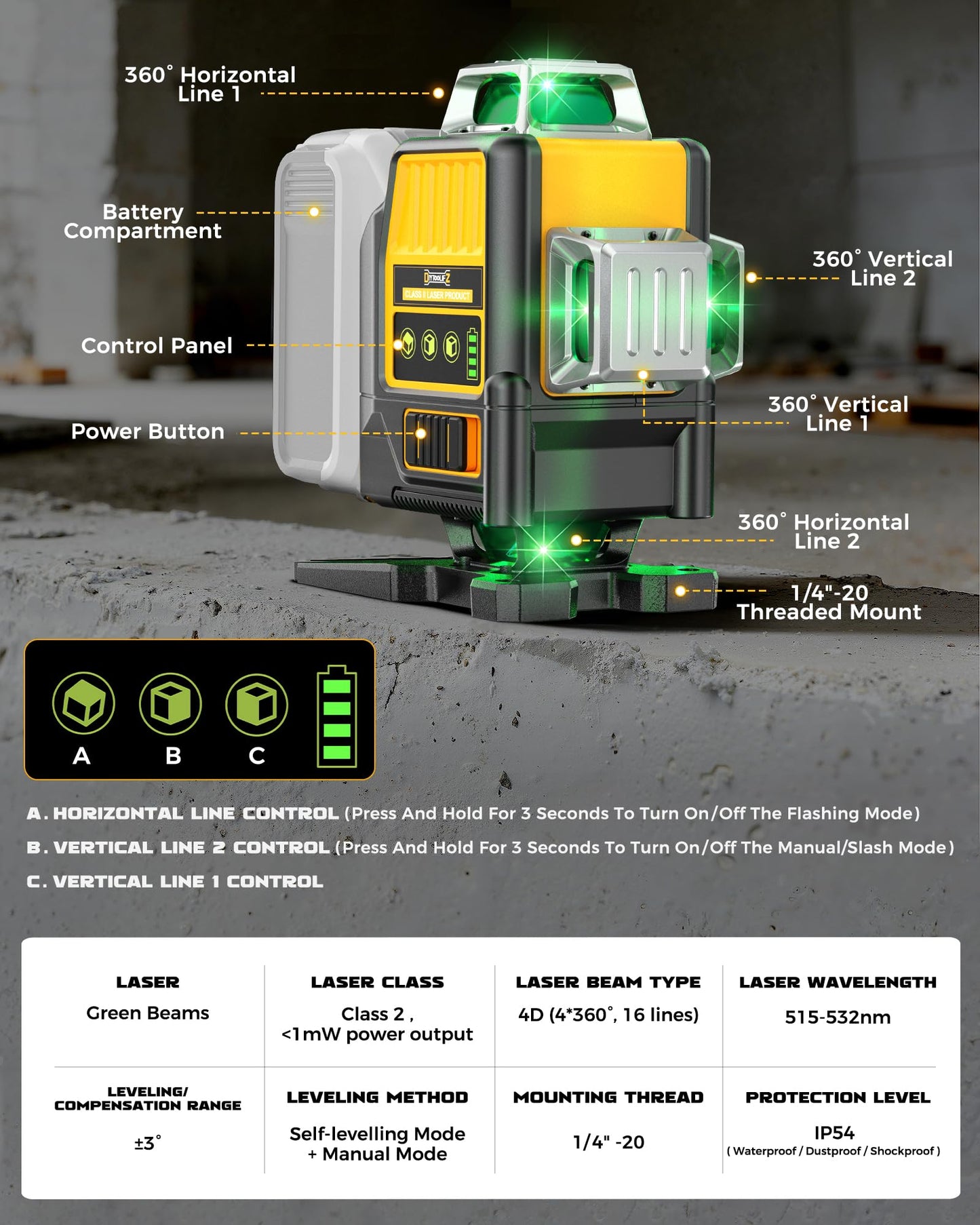 DIYtoolifz Laser Level Compatible with DeWalt 20V Battery, 4D 4x360° Self Leveling, 4 Way Green 16-Line Lazer Leveler Tool for Construction Project, Floor Tile, Home Renovation, Indoor Use, Tool Only