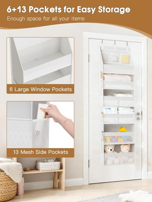 Criusia Over The Door Organizer - Heavy-Duty 6-Shelf Storage with 13 Mesh Pockets | 55lbs Capacity, White